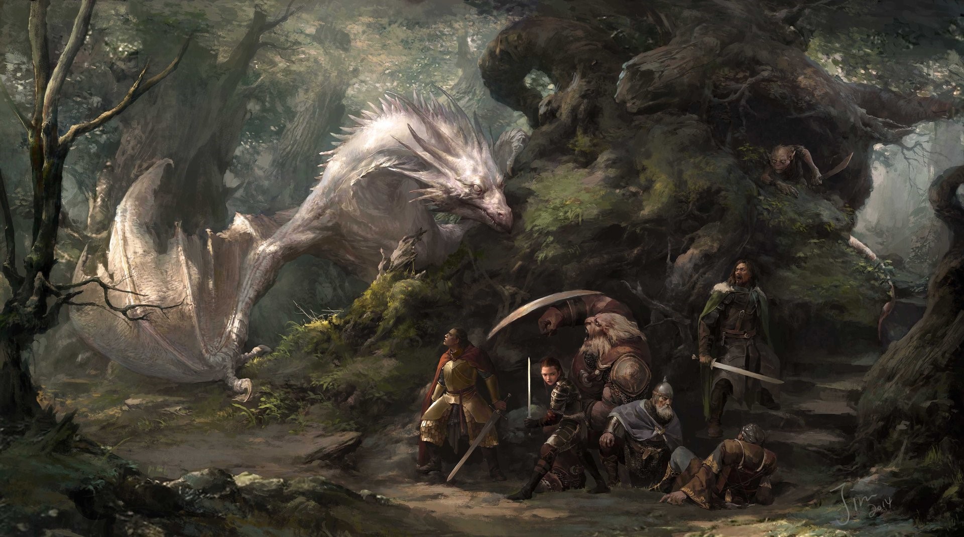 Dragon and warriors in a forest HD Wallpaper