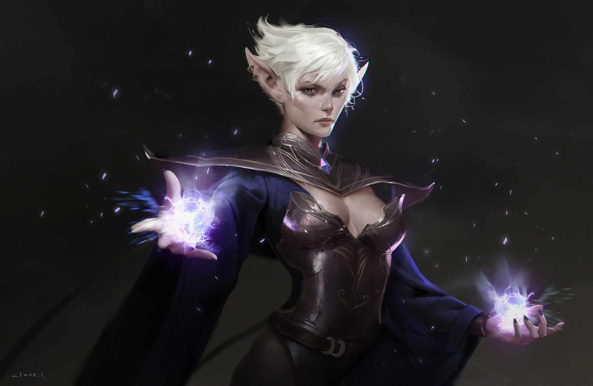 Elf sorceress casting magic with glowing orbs HD Wallpaper