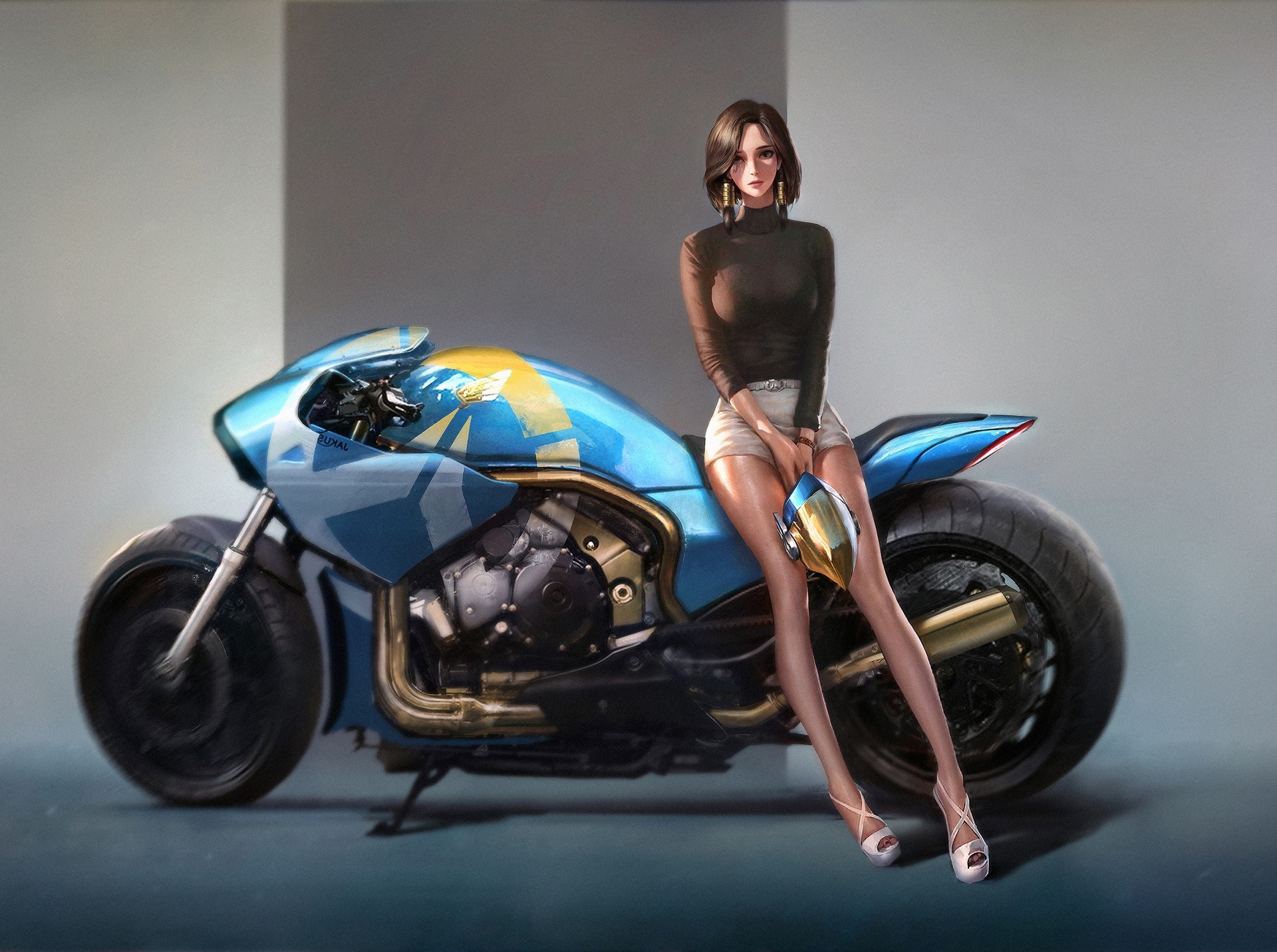 Woman with a futuristic motorcycle HD Wallpaper