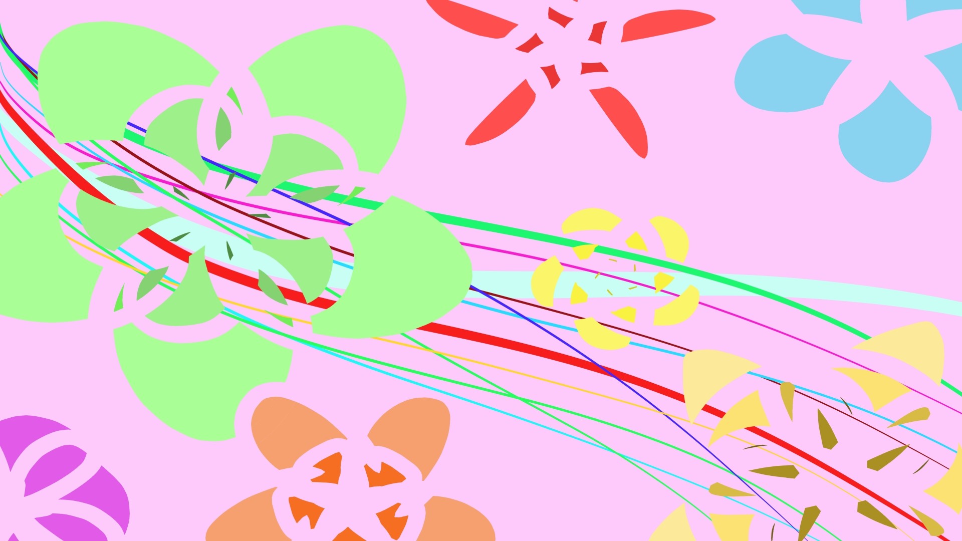 Colorful abstract flowers and lines on pink background HD Wallpaper