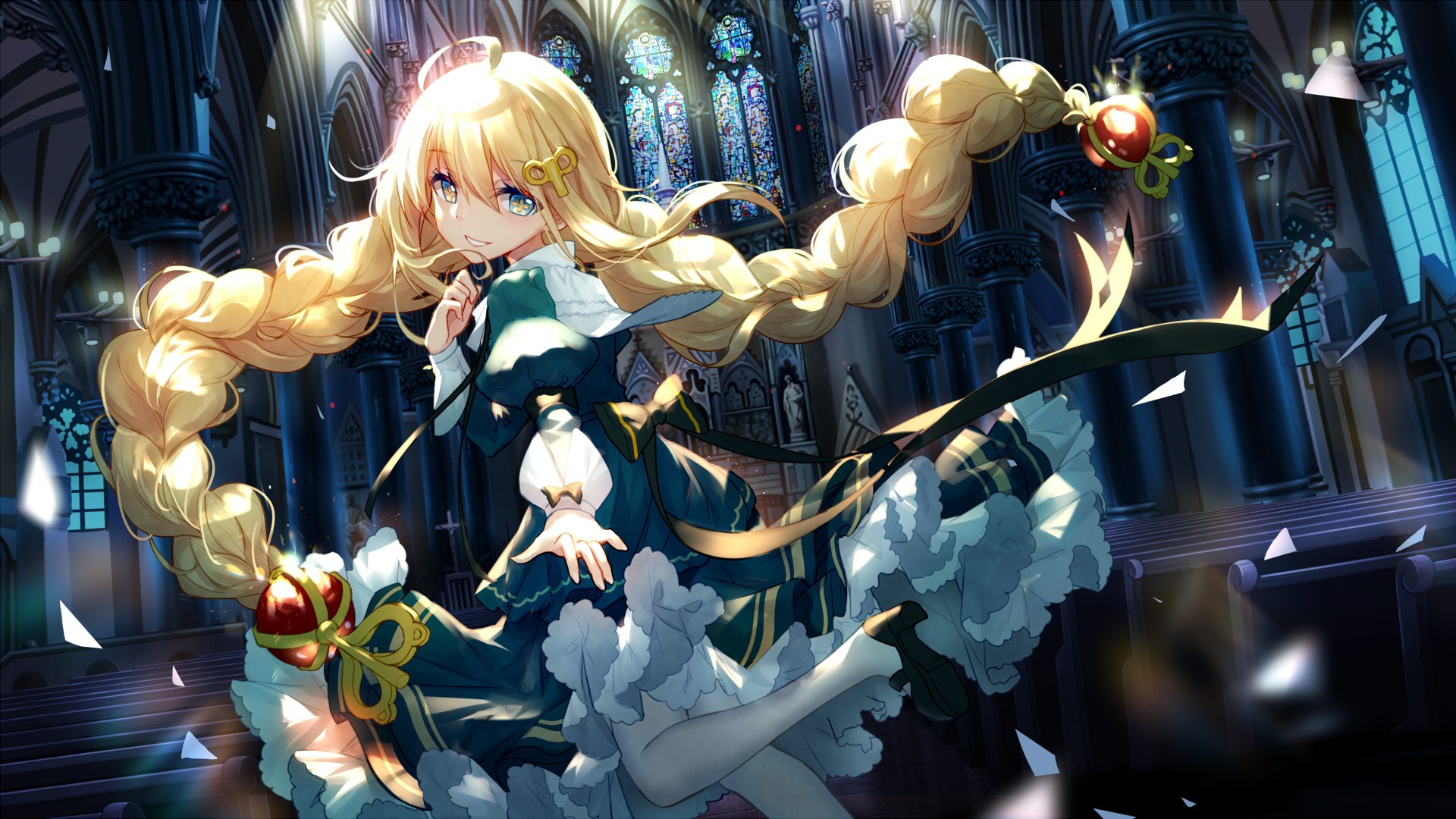 Anime girl with blonde hair and blue eyes in a church HD Wallpaper