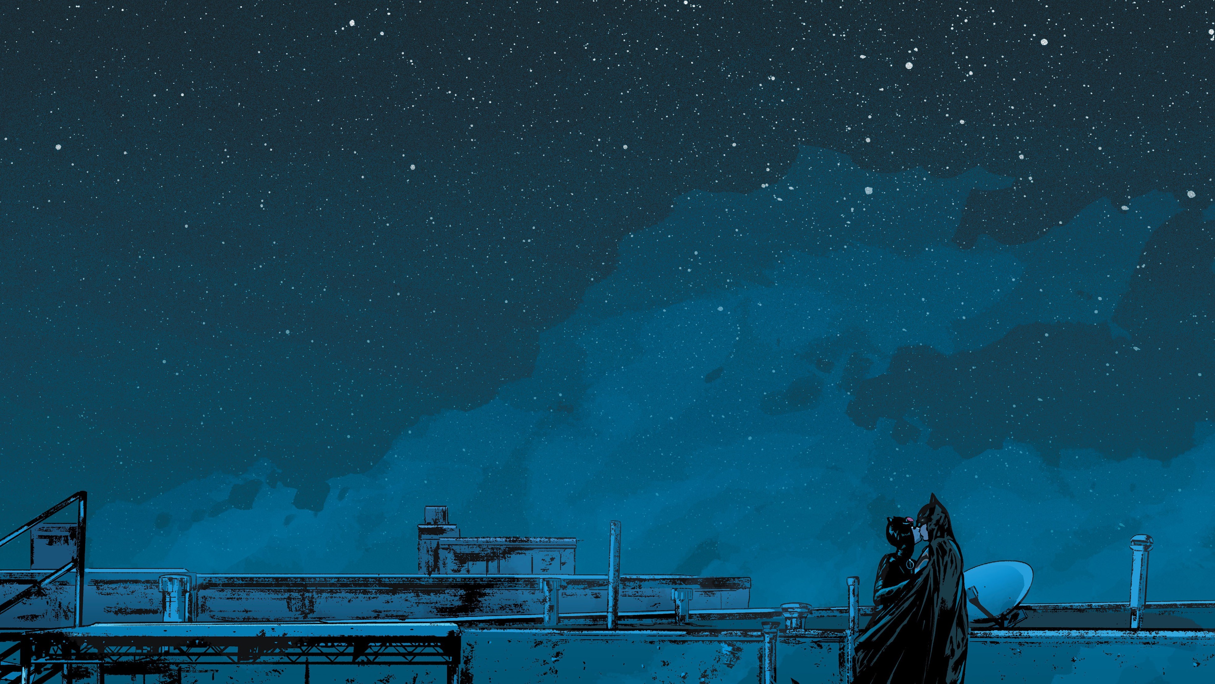 Batman and Catwoman kissing on a rooftop under the stars HD Wallpaper