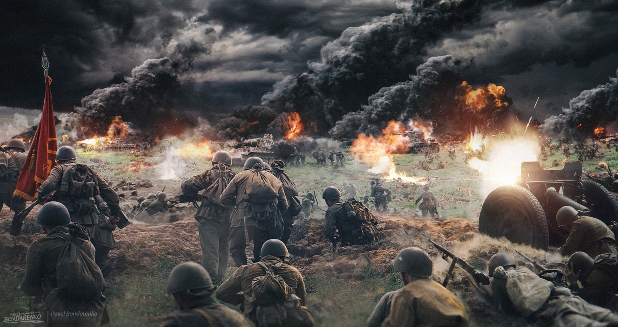 Artwork of World War II battle with explosions and soldiers HD Wallpaper
