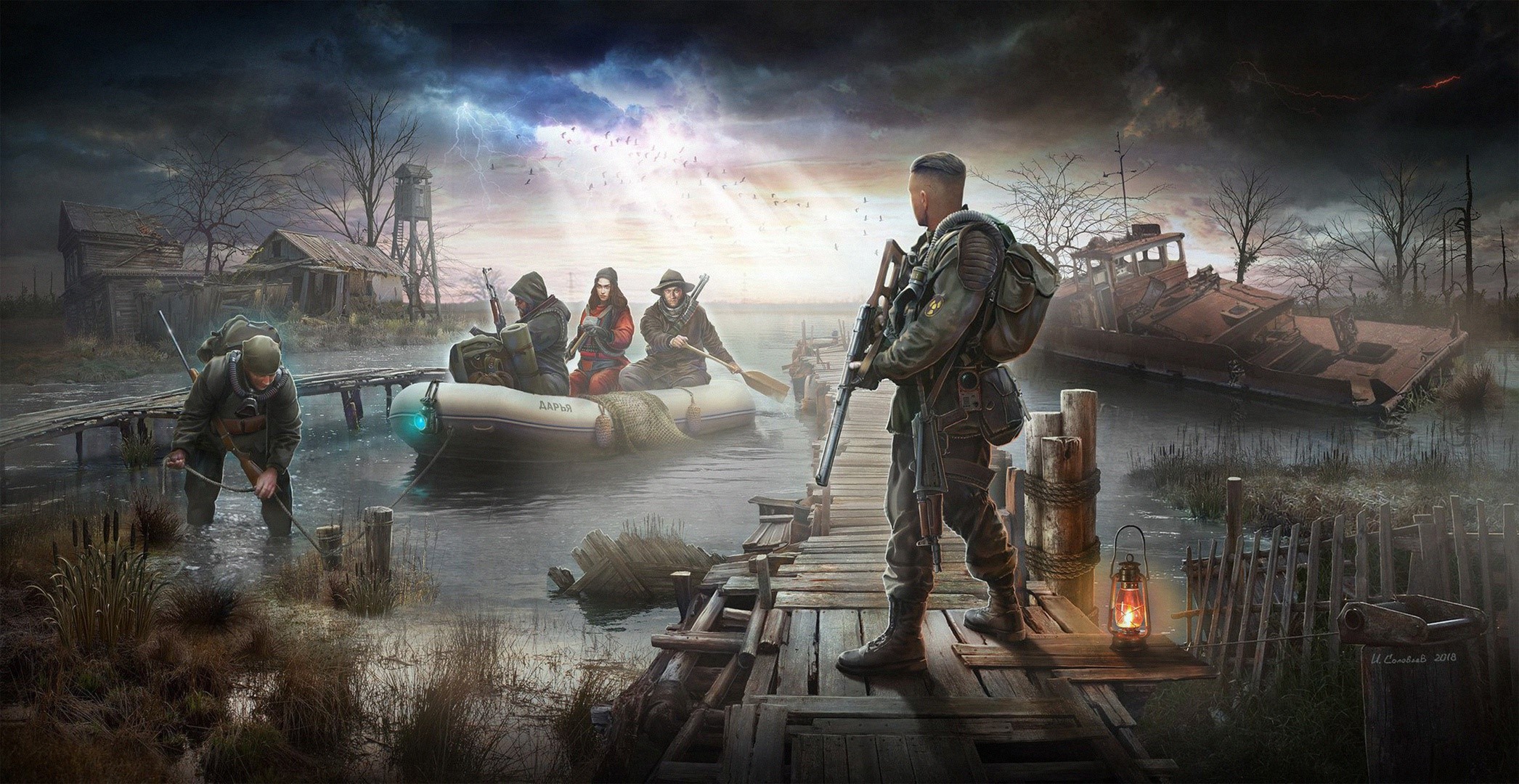 S.T.A.L.K.E.R. video game art with soldiers in a boat HD Wallpaper