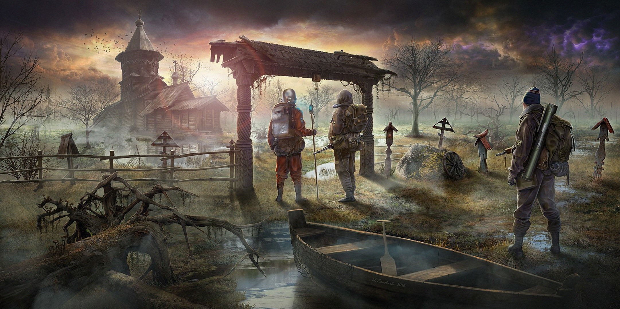 S.T.A.L.K.E.R. apocalyptic video game art with a graveyard and church HD Wallpaper