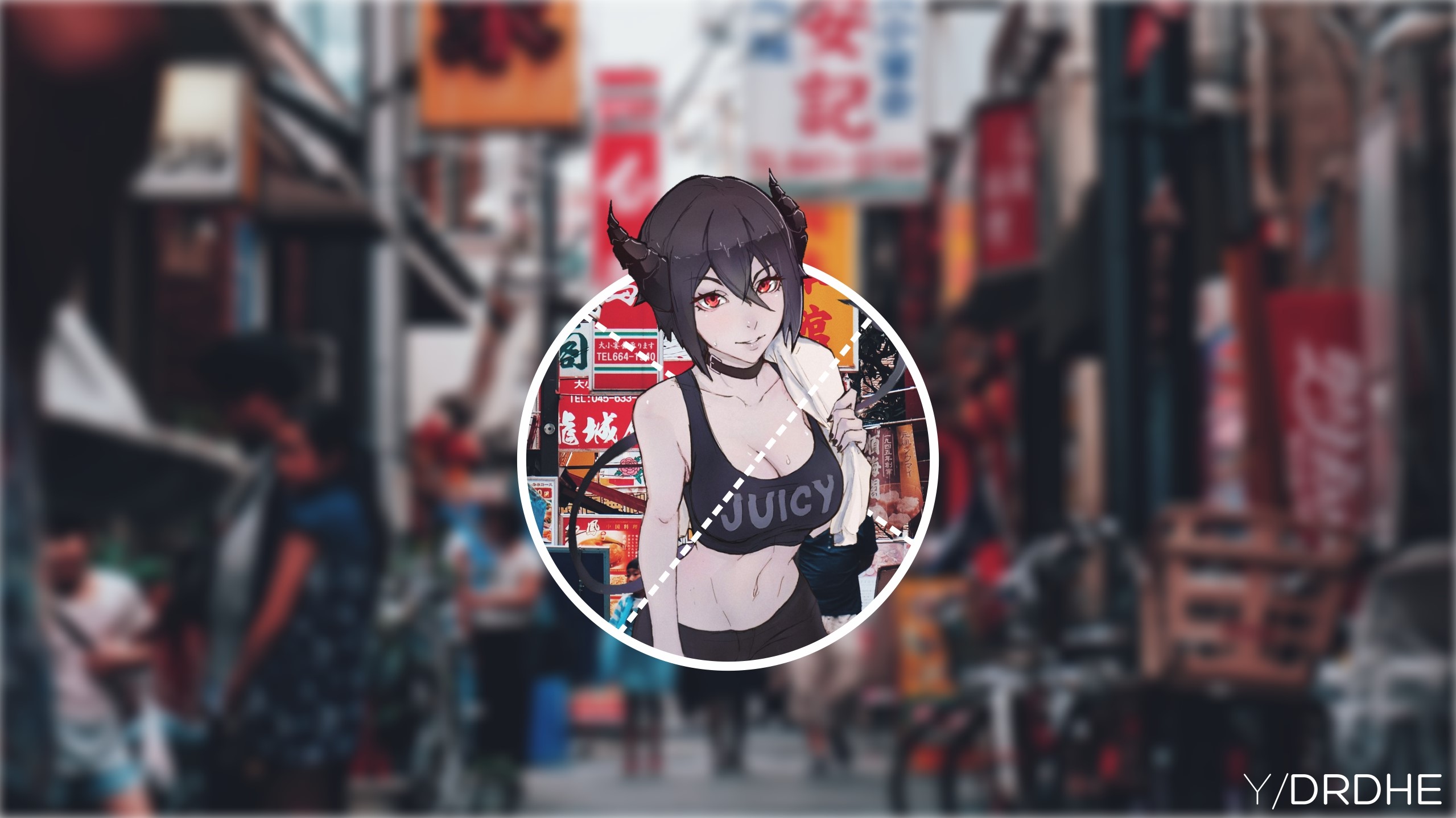 Anime girl with horns in a black tank top HD Wallpaper