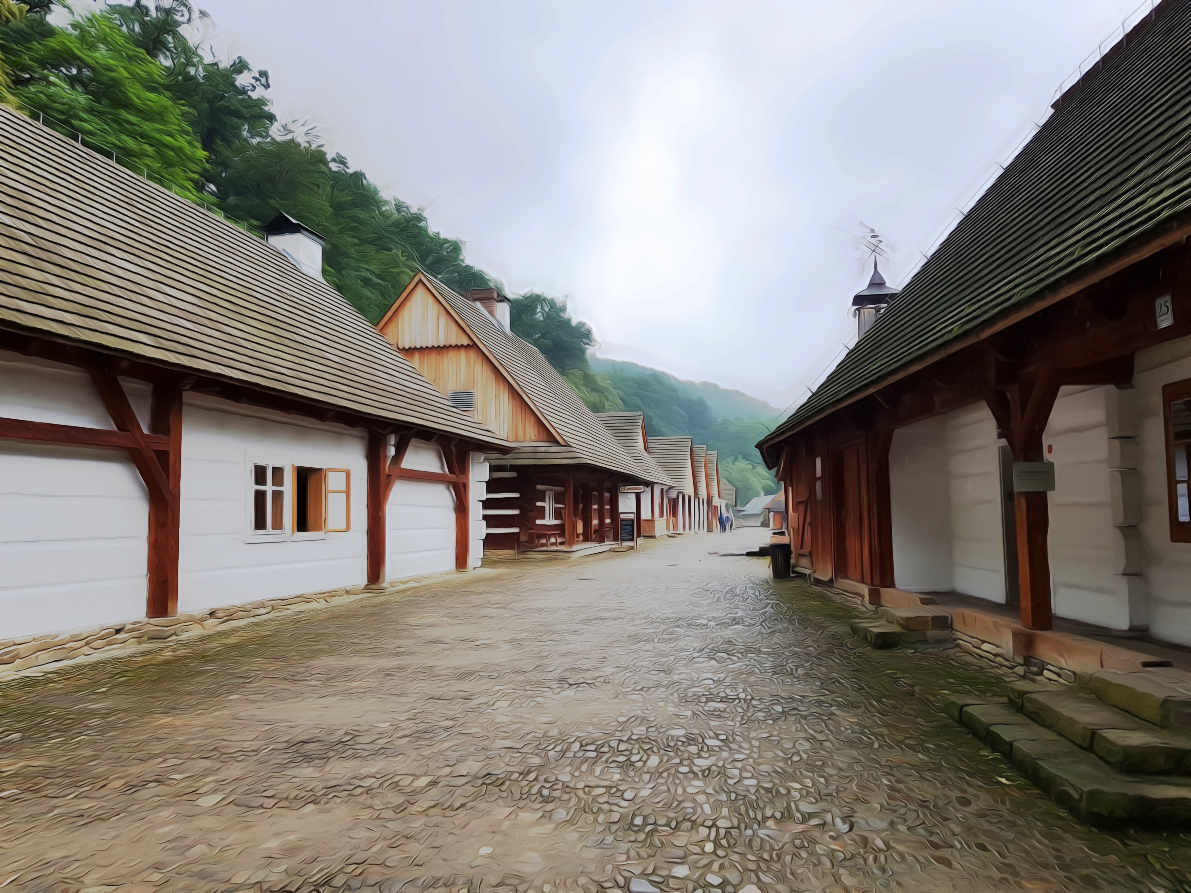 Village street with traditional wooden houses HD Wallpaper