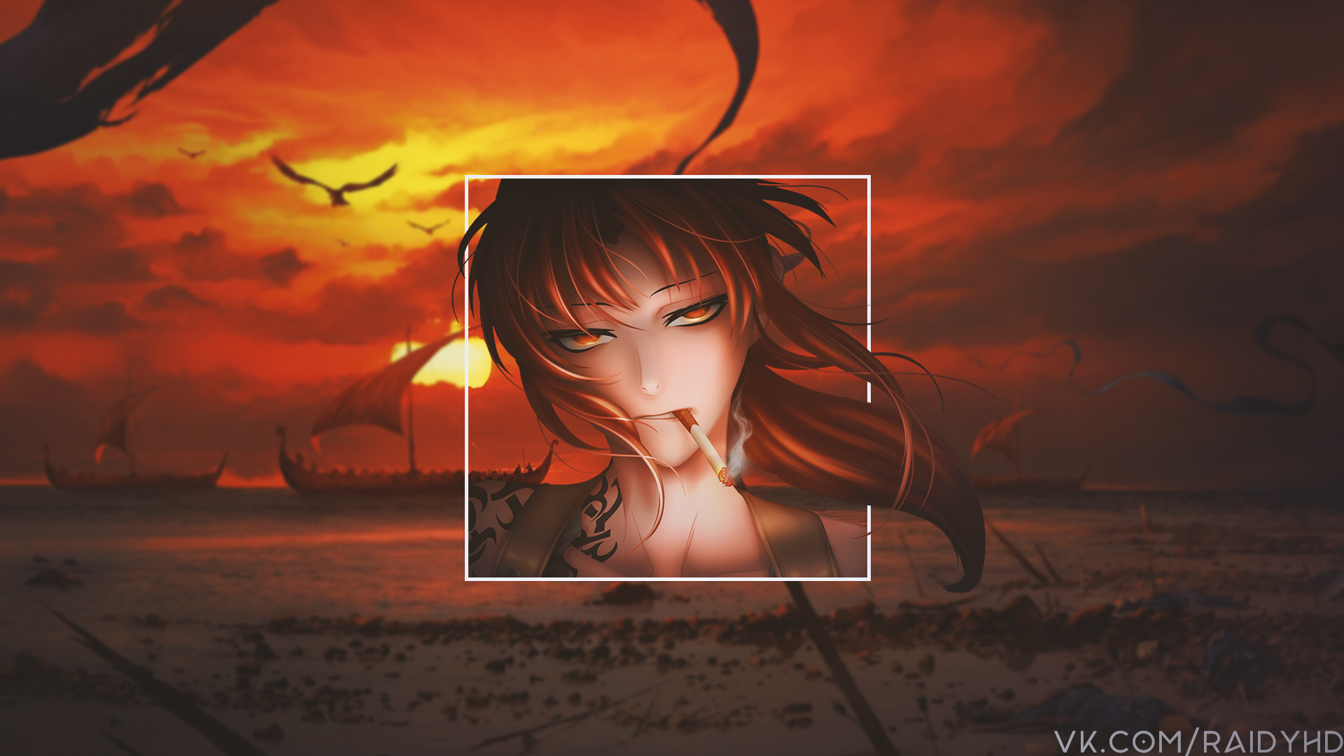 Anime girl smoking cigarette with viking ships at sunset HD Wallpaper