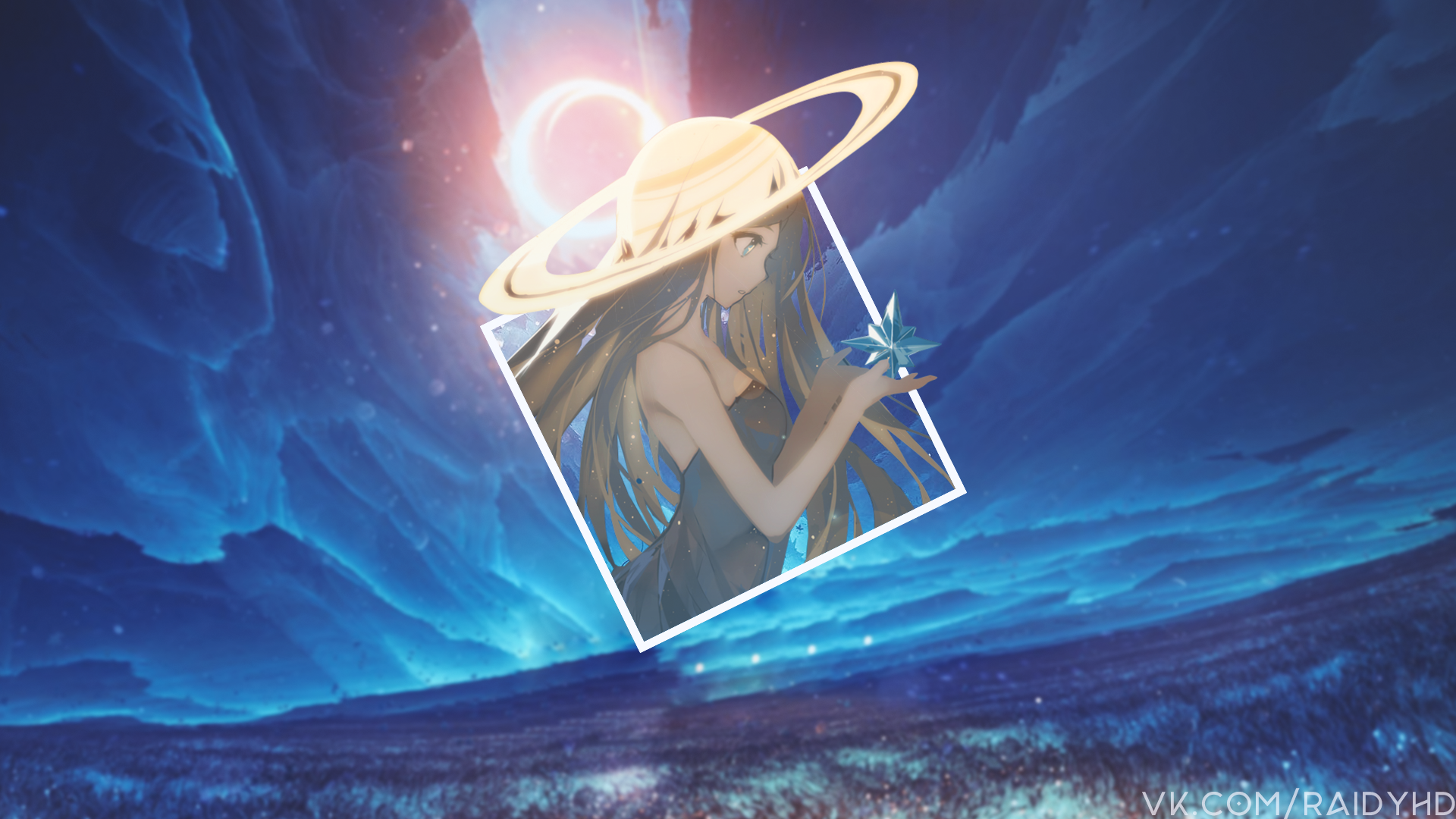 Anime girl with Saturn rings and crystal HD Wallpaper