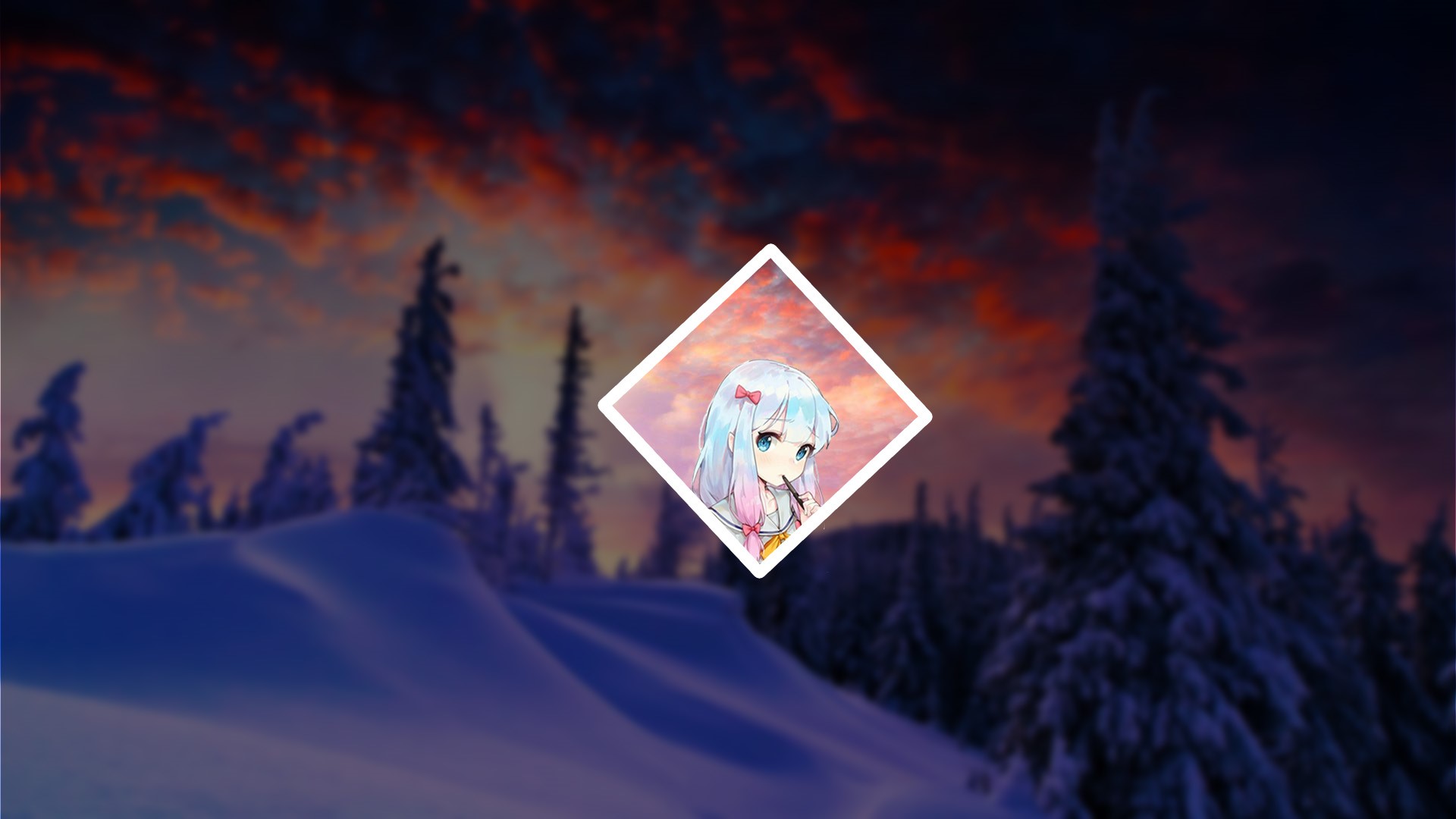 Anime girl in a diamond frame over a snowy landscape HD Wallpaper