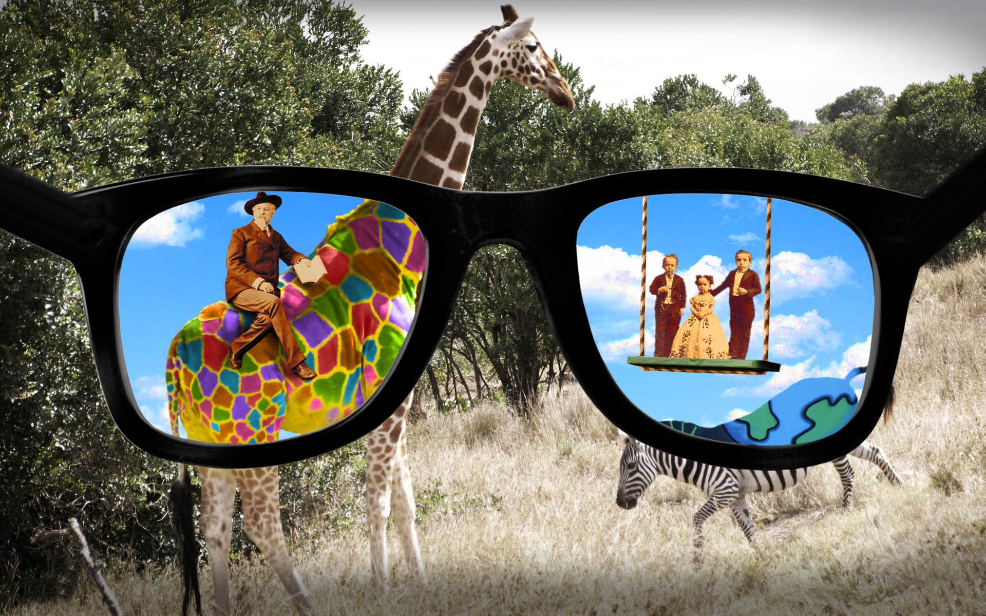 Glasses showing man on colorful giraffe and family on swing HD Wallpaper