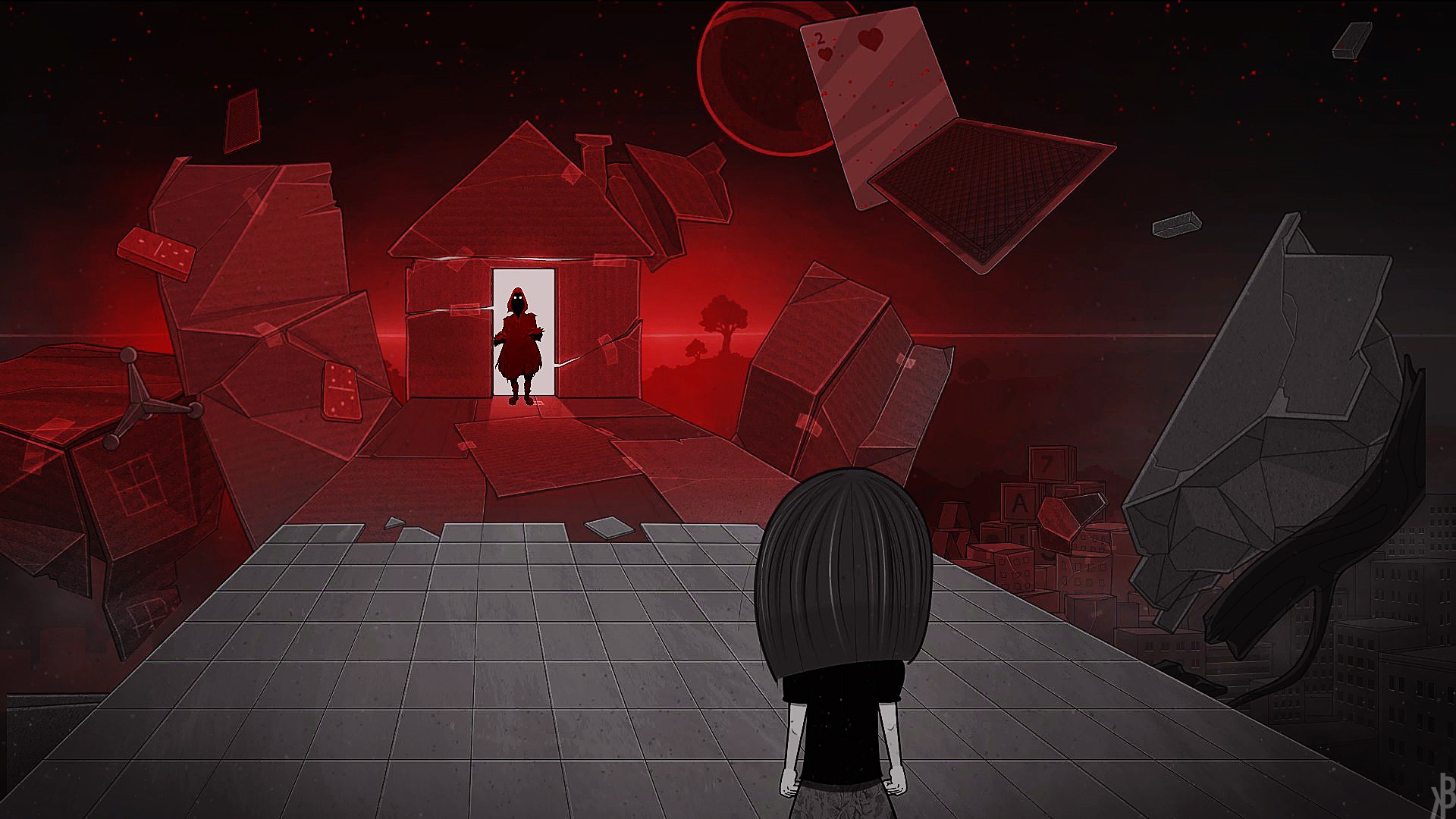 A girl in a surreal red world from Bear With Me HD Wallpaper