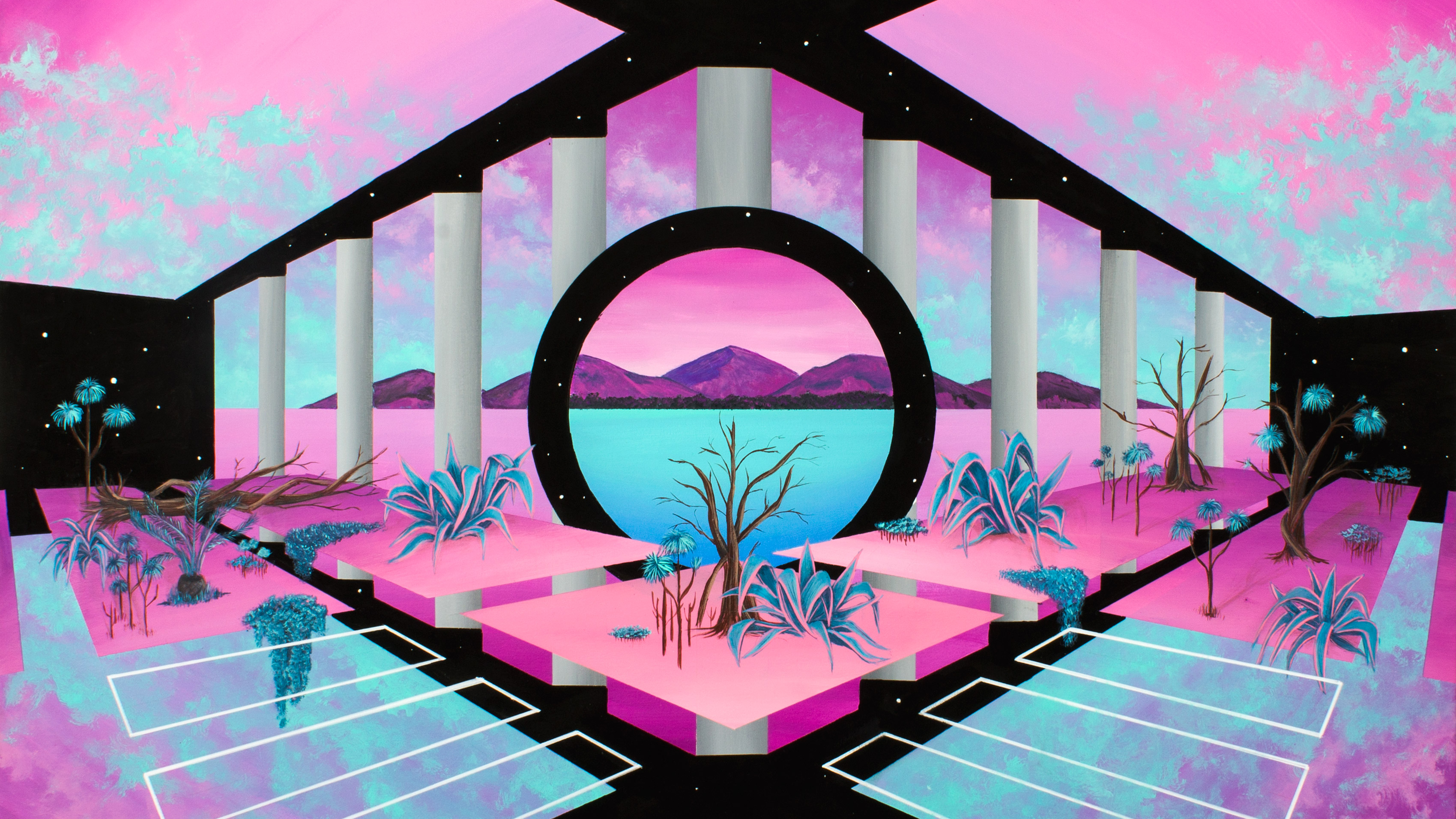 Surreal landscape with pink and cyan clouds and geometric architecture HD Wallpaper