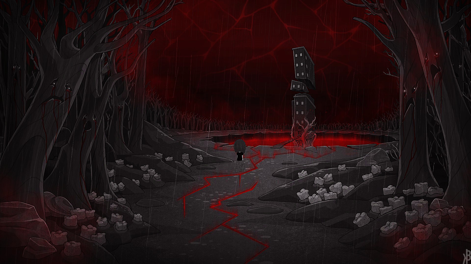 Bear With Me: A dark, surreal forest with a broken building HD Wallpaper