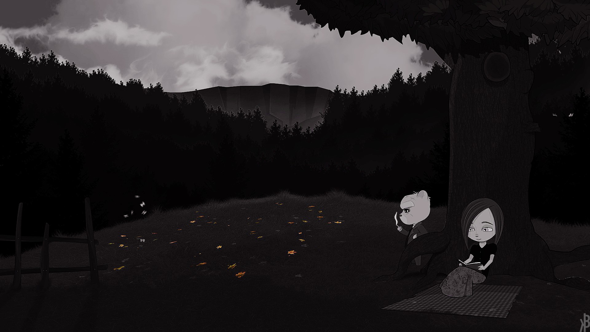 Bear With Me: A girl reads under a tree while a bear smokes HD Wallpaper