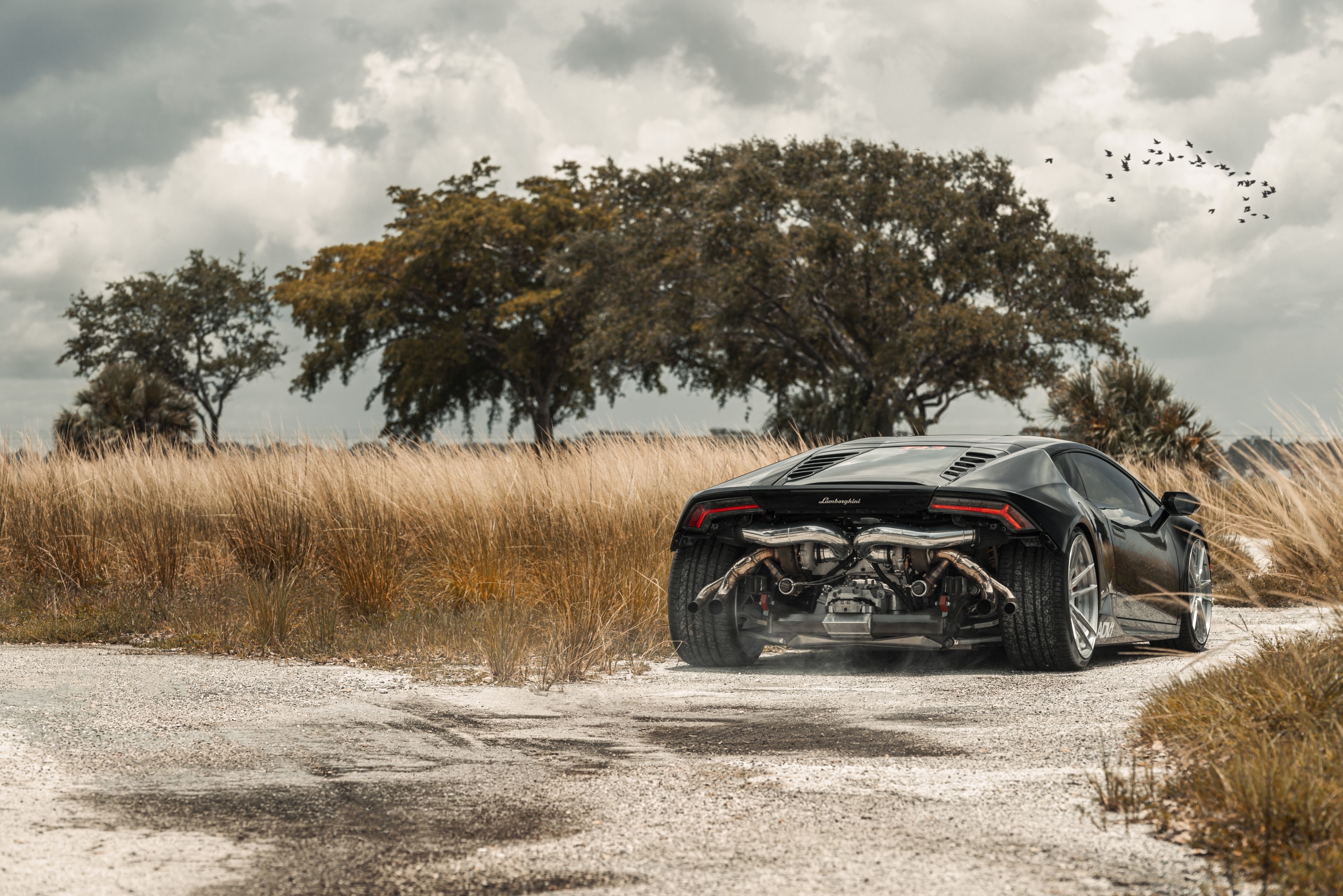 Black Lamborghini Huracan with exposed engine and exhaust pipes HD Wallpaper