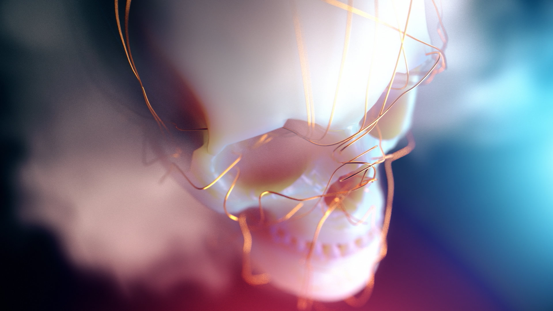 3D digital art of a skull with wires and smoke HD Wallpaper