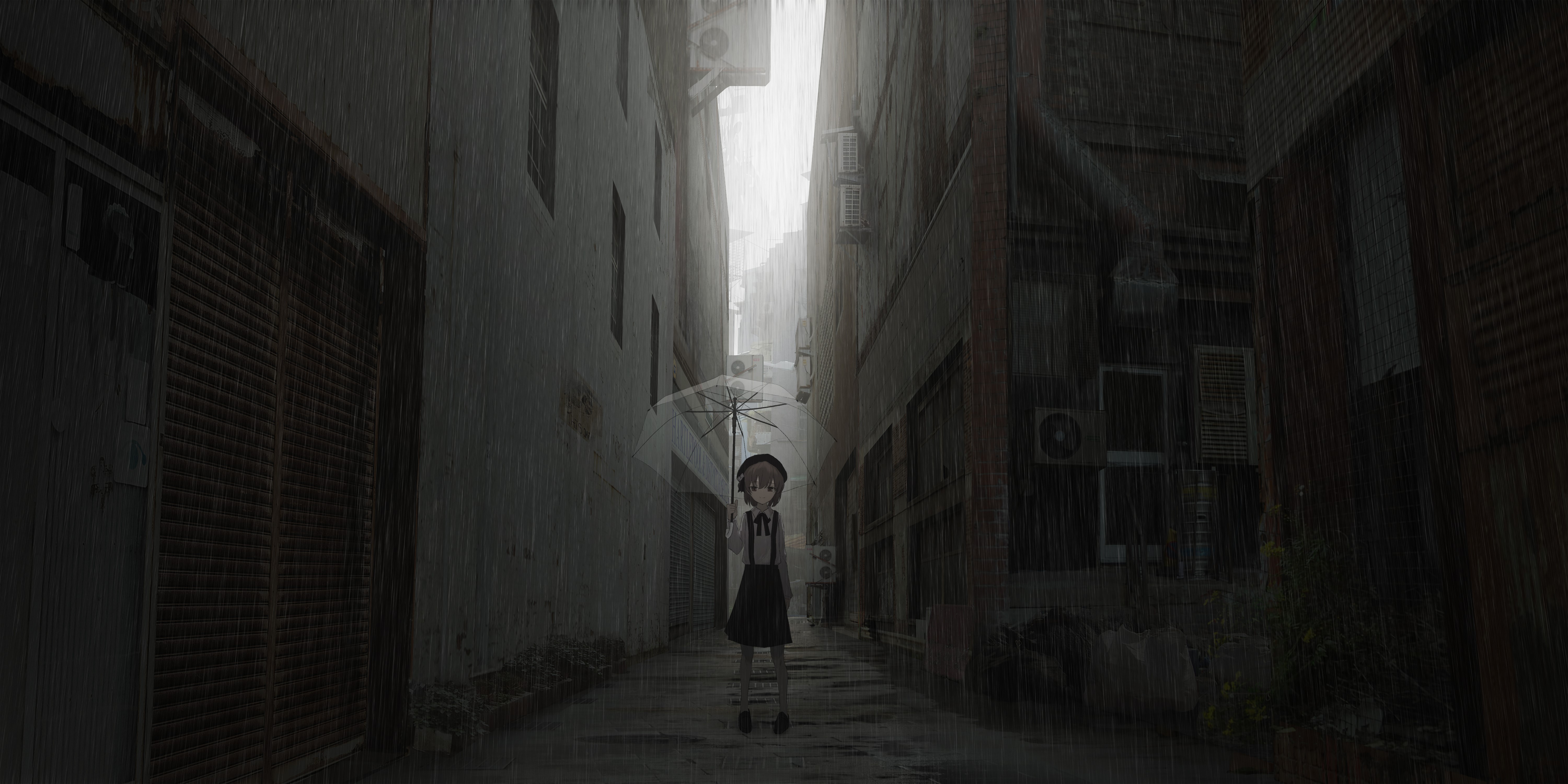 Anime girl with umbrella in rainy alley HD Wallpaper