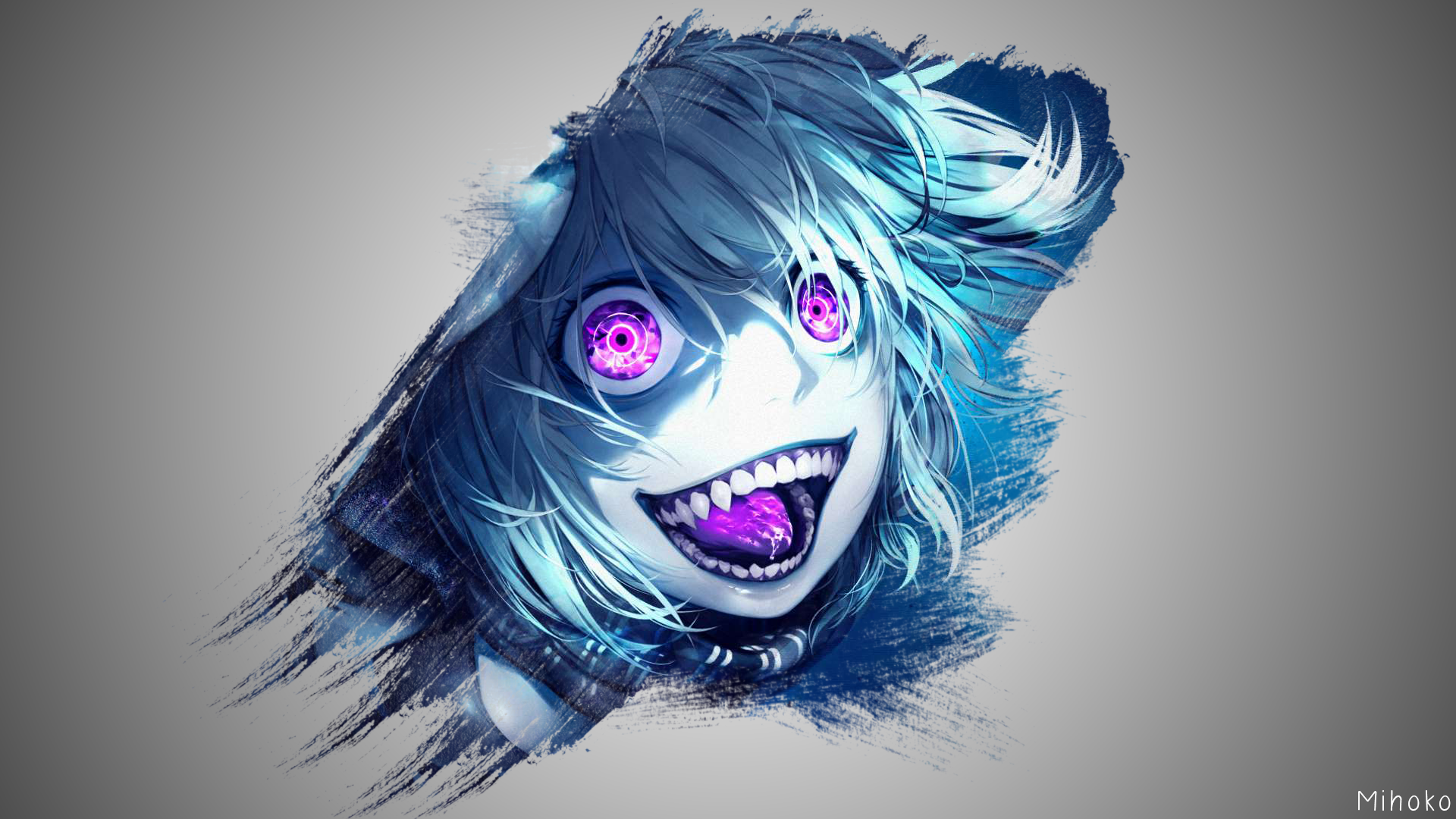 Anime girl with glowing purple eyes and sharp teeth HD Wallpaper