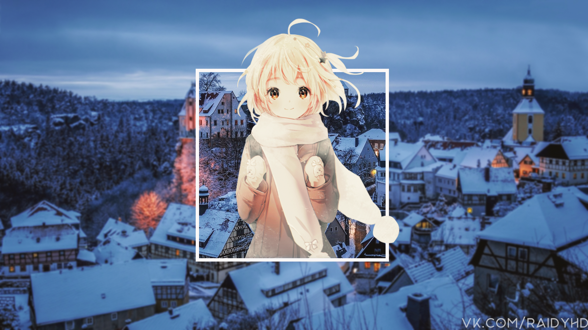 Anime girl in winter village HD Wallpaper