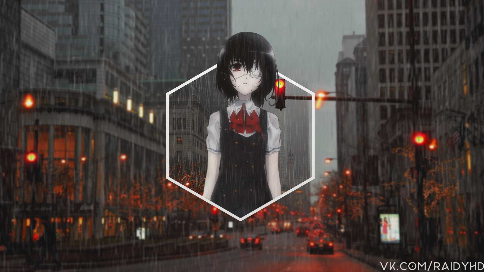 Misaki Mei from Another in a rainy city HD Wallpaper