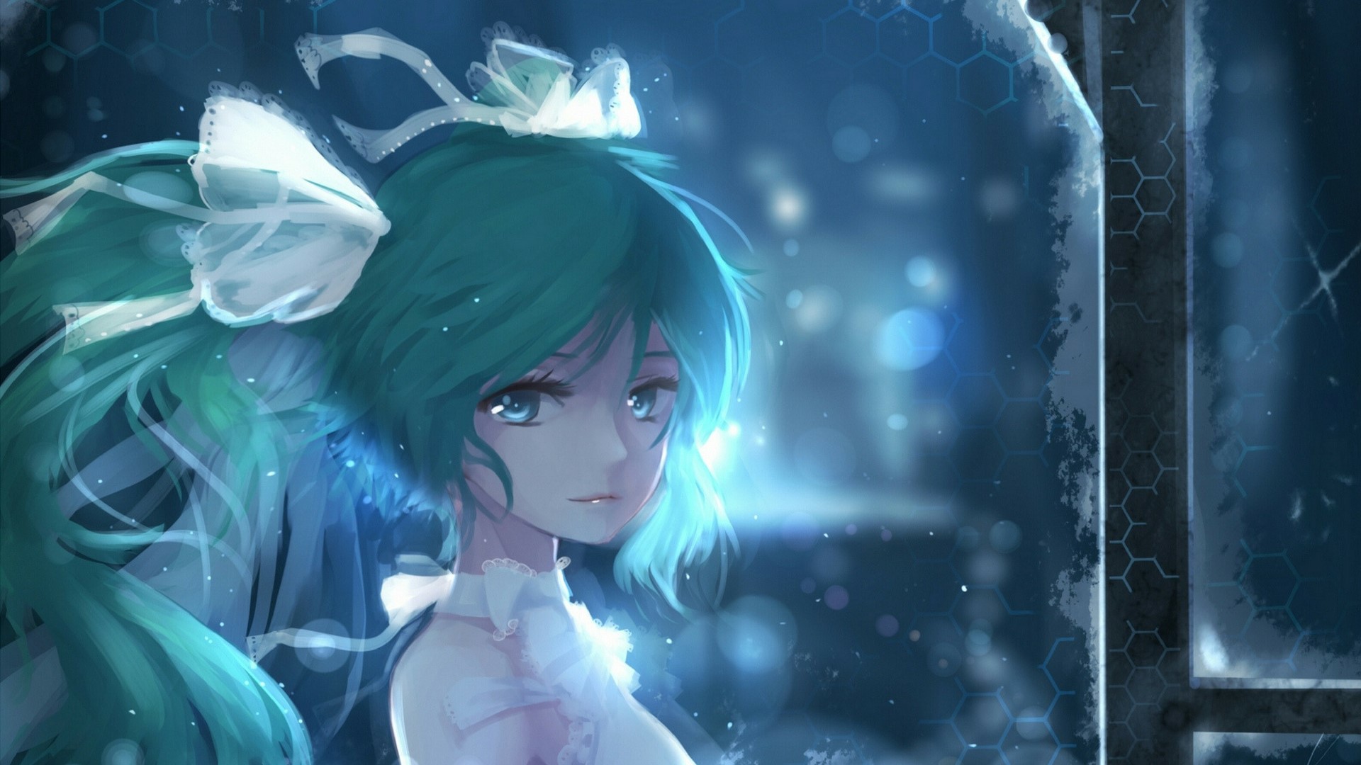 Hatsune Miku from Vocaloid in a blue and cyan setting HD Wallpaper