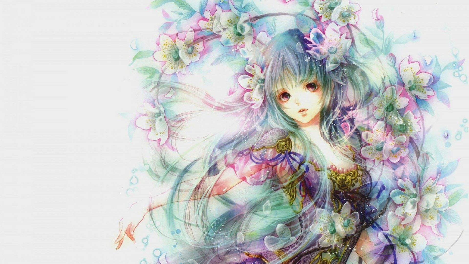 Anime girl with blue hair and flowers HD Wallpaper