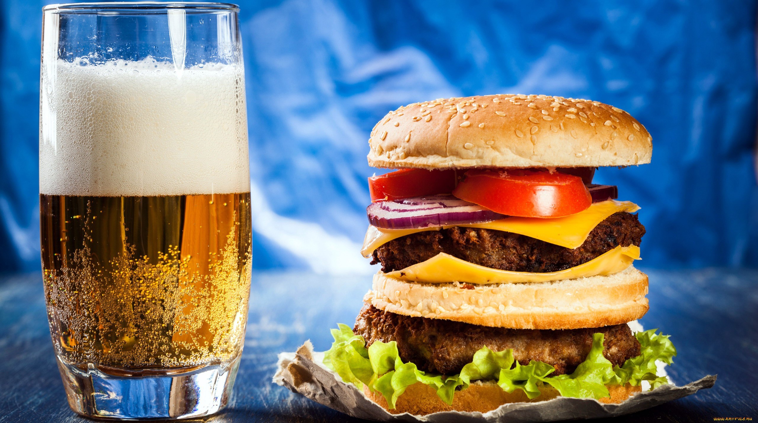 Burger and beer on a blue background HD Wallpaper