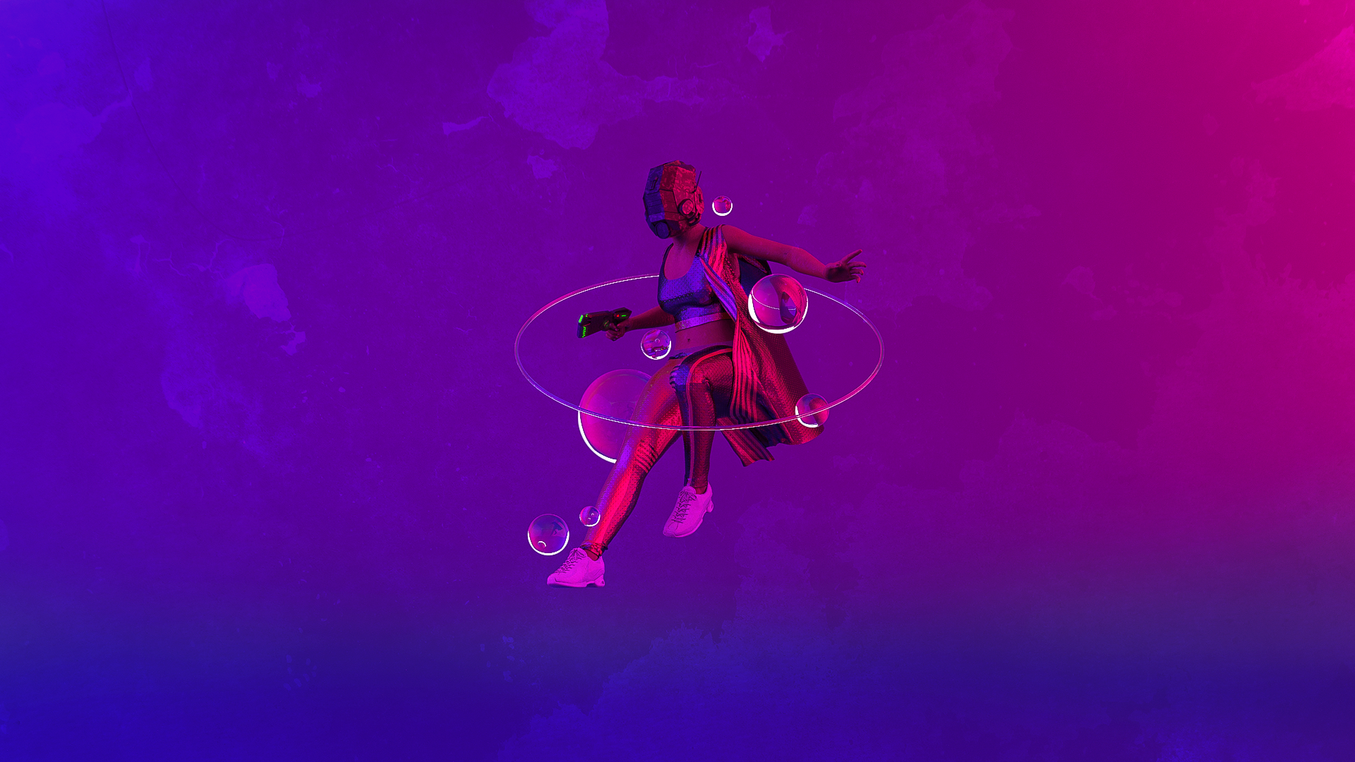 Woman in futuristic outfit with weapon and bubbles HD Wallpaper