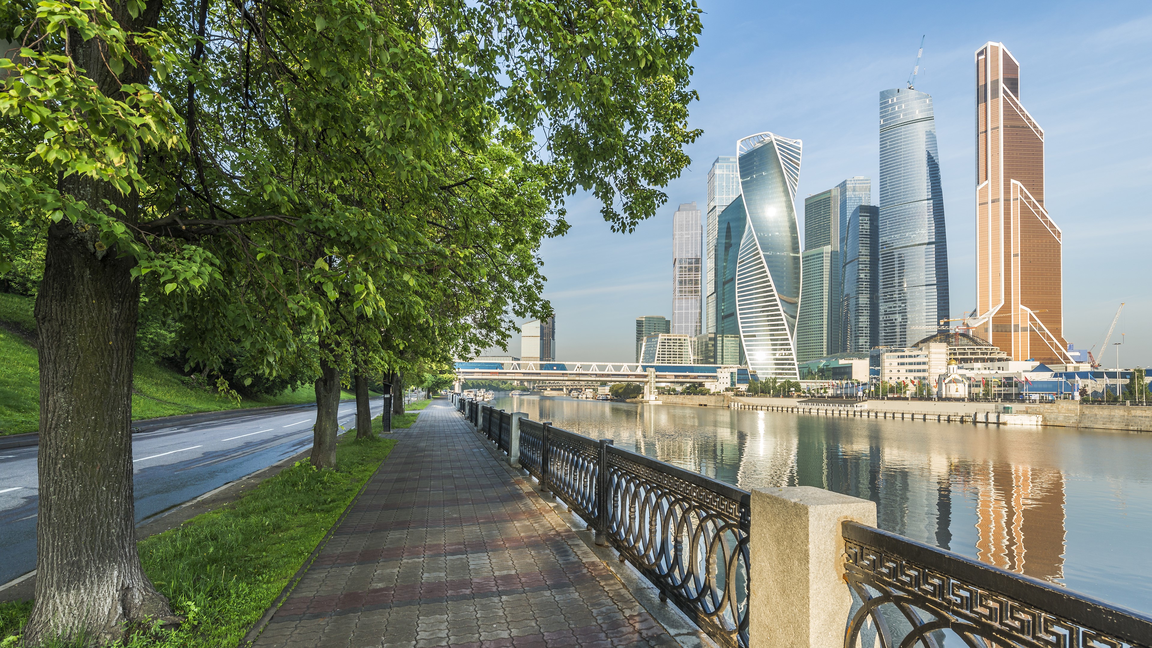 Moscow City skyscrapers and river embankment HD Wallpaper
