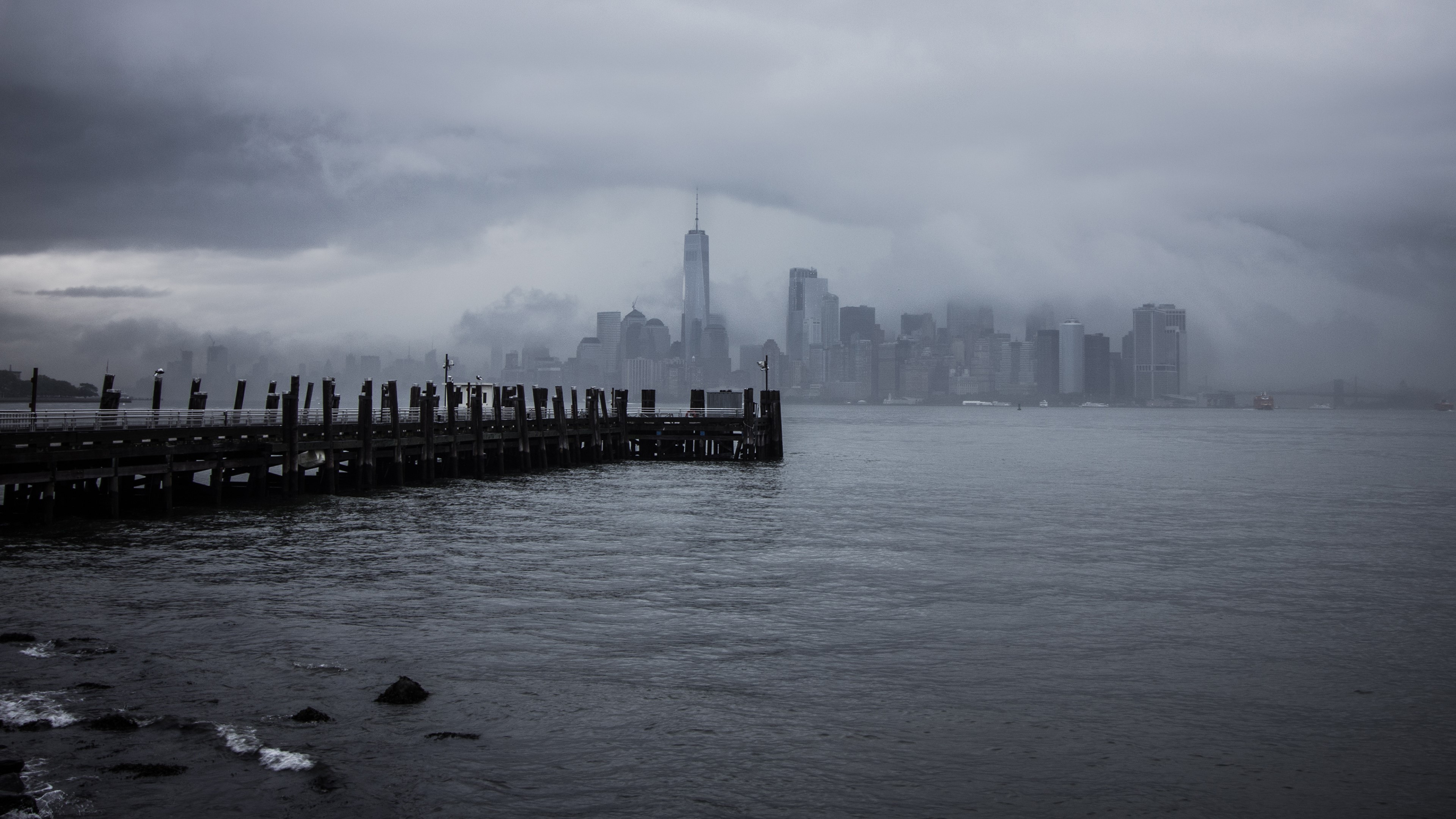 4K New York City skyline with Freedom Tower and pier HD Wallpaper