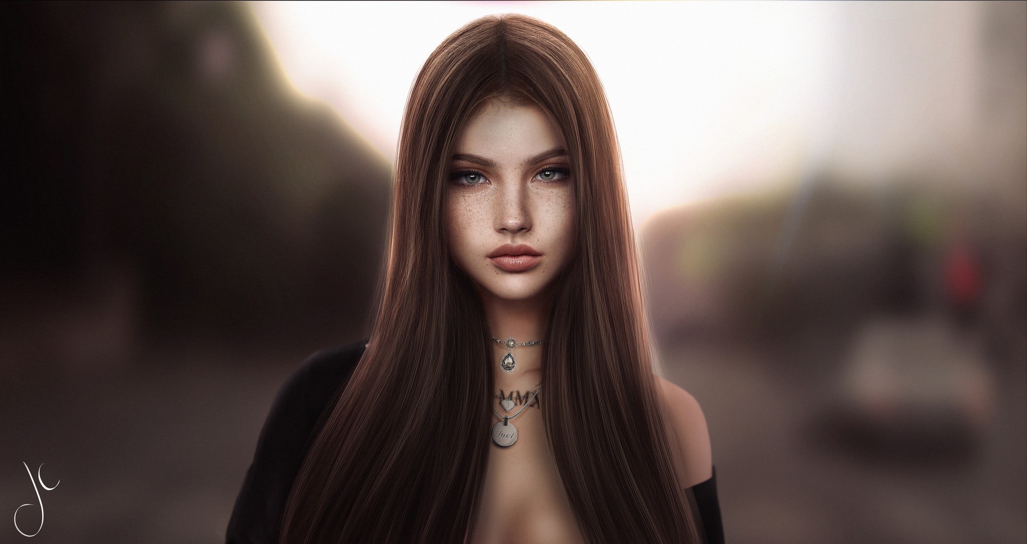 Digital art of a woman with long brown hair HD Wallpaper