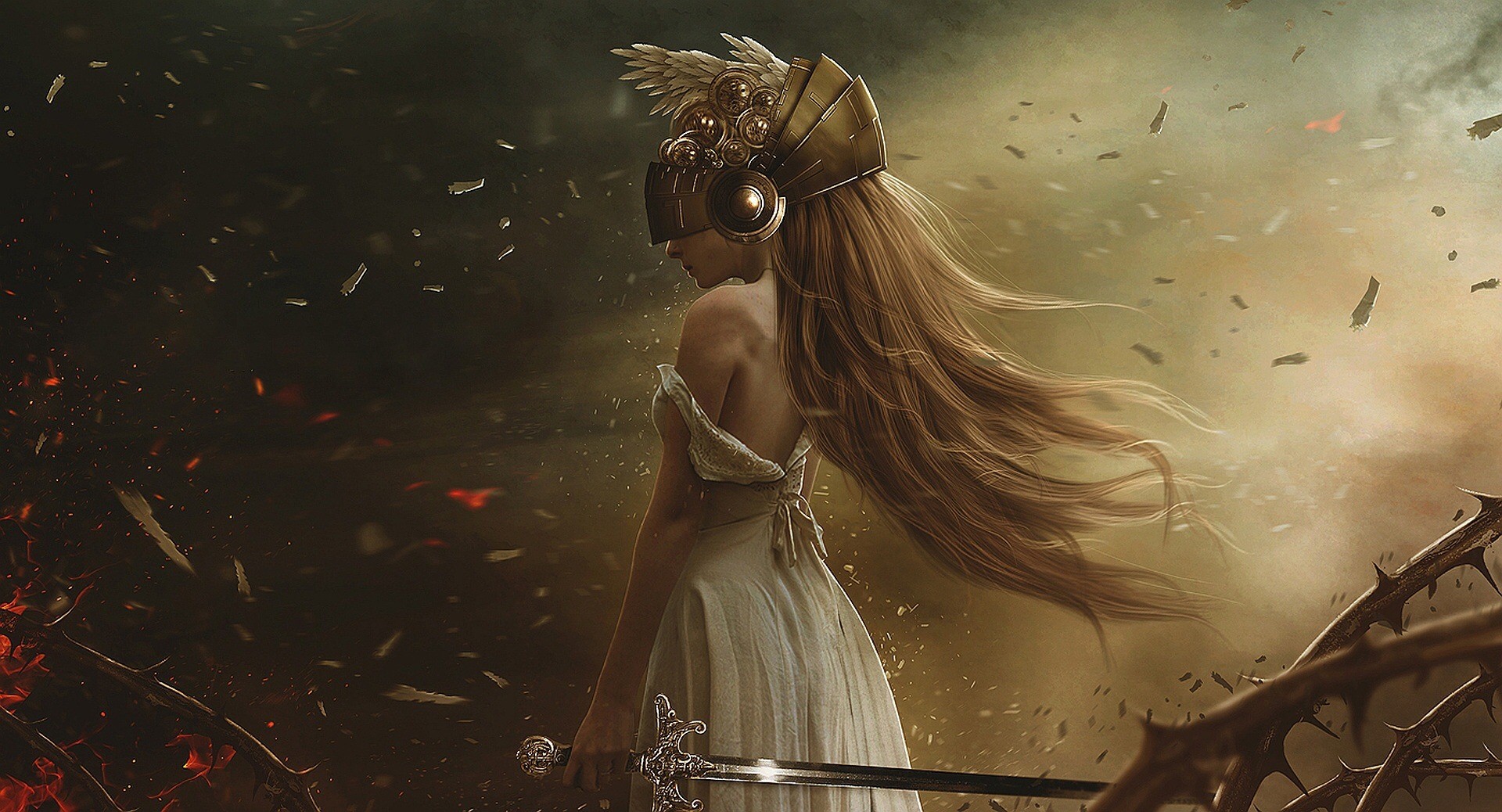 Warrior woman with sword and ornate helmet HD Wallpaper