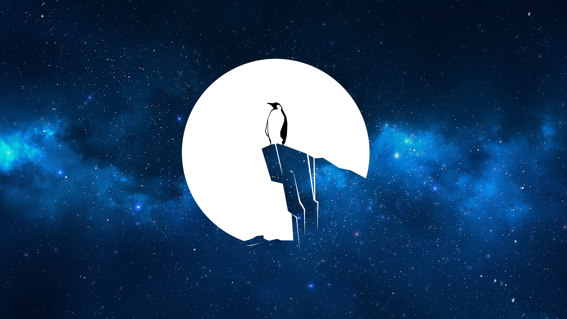Penguin on a cliff in front of a moon and galaxy HD Wallpaper