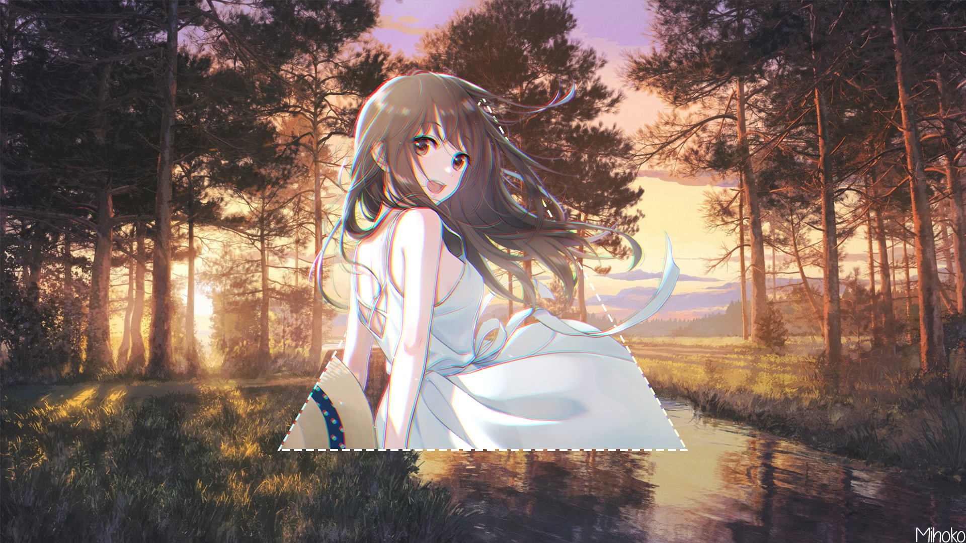Anime girl in white dress in forest HD Wallpaper