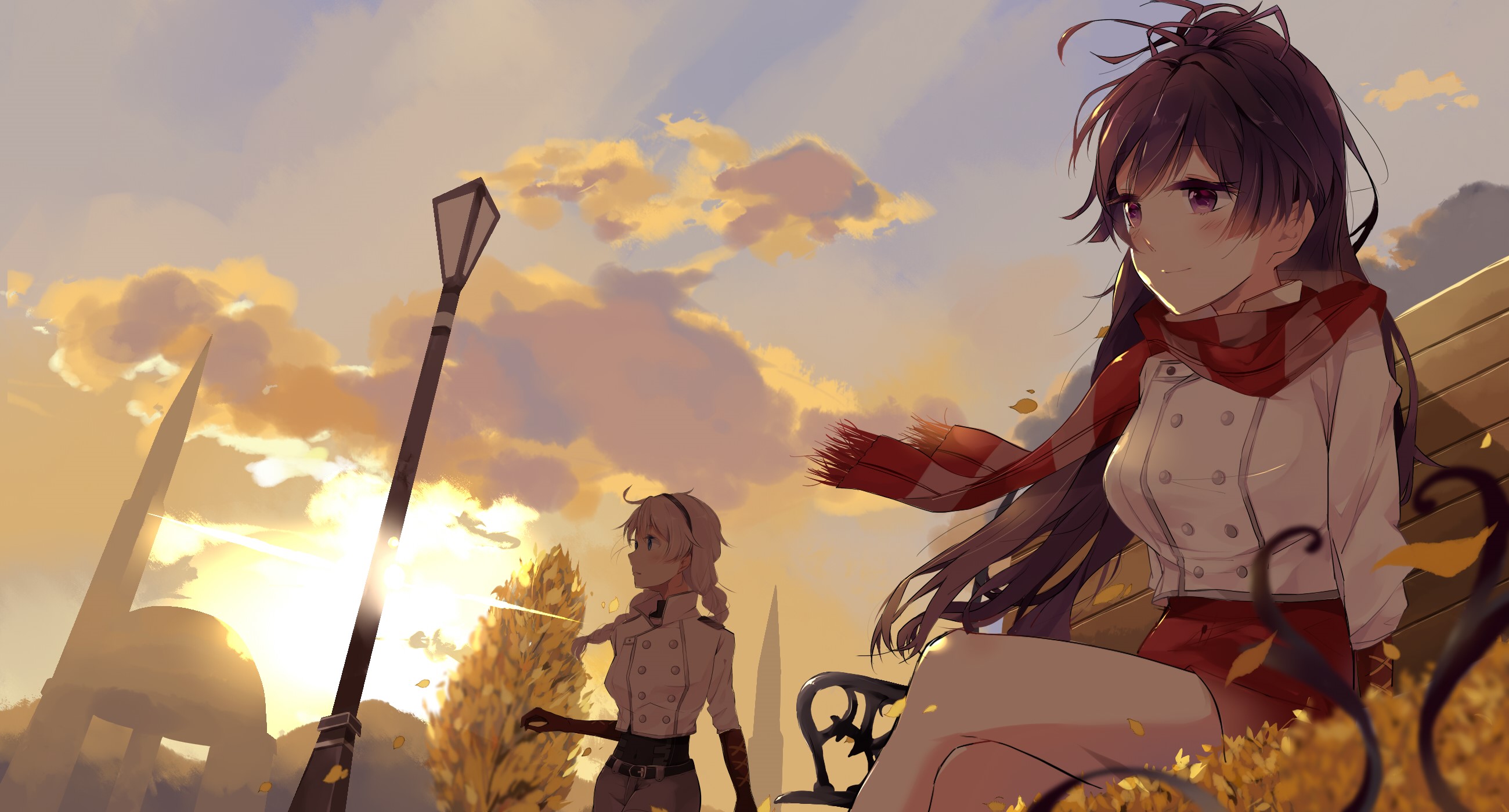 Anime girls in Honkai Impact at sunset HD Wallpaper