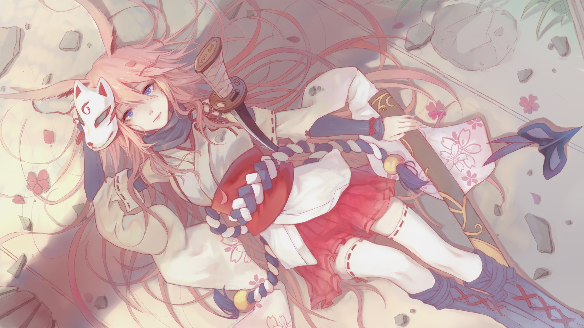 Anime girl with fox mask and katana HD Wallpaper