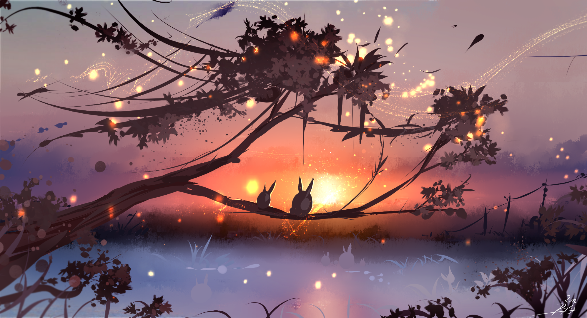 Digital painting of two rabbits on a branch at sunset HD Wallpaper