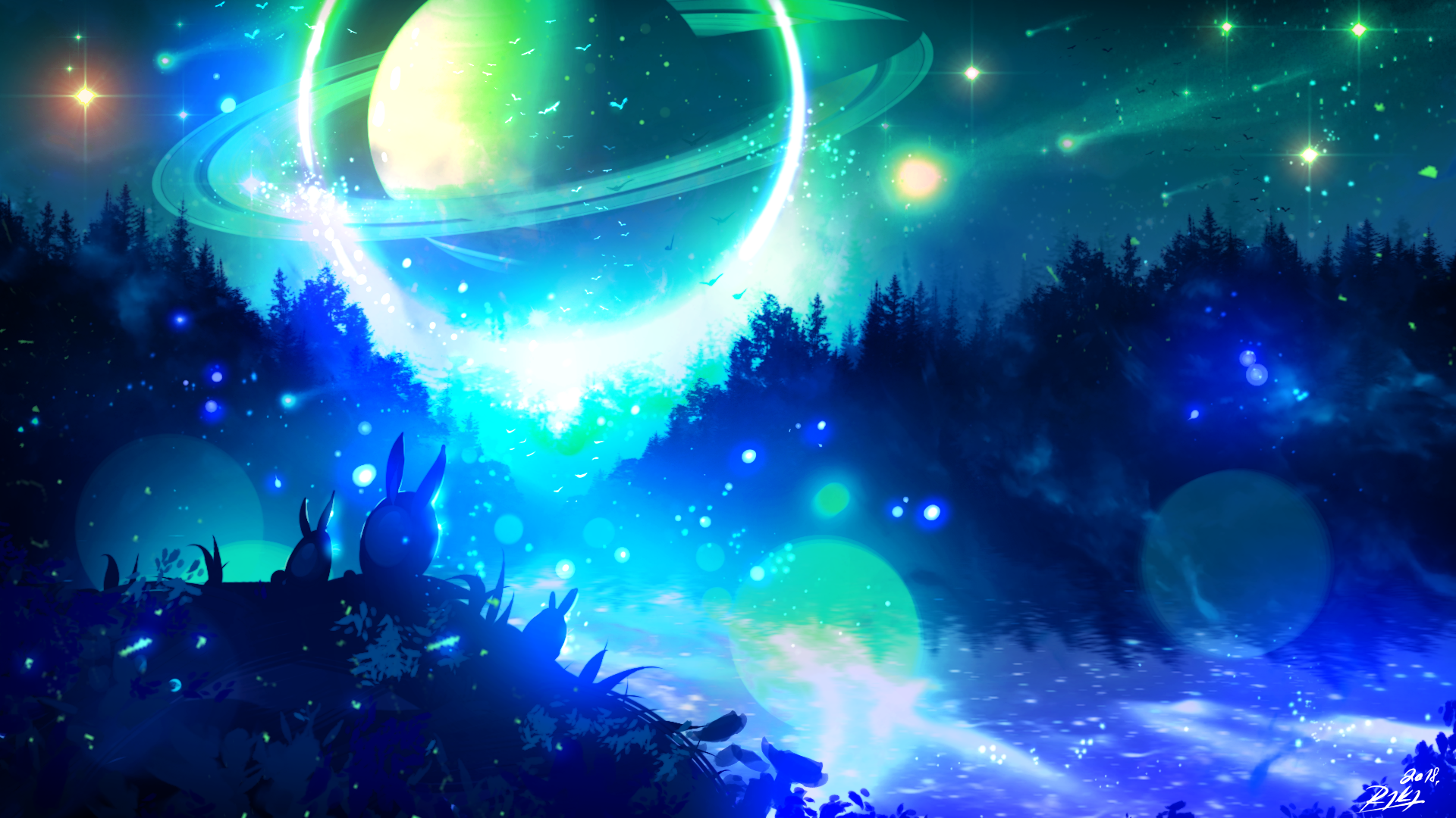 Fantasy art of Totoro characters in a starry alien landscape HD Wallpaper