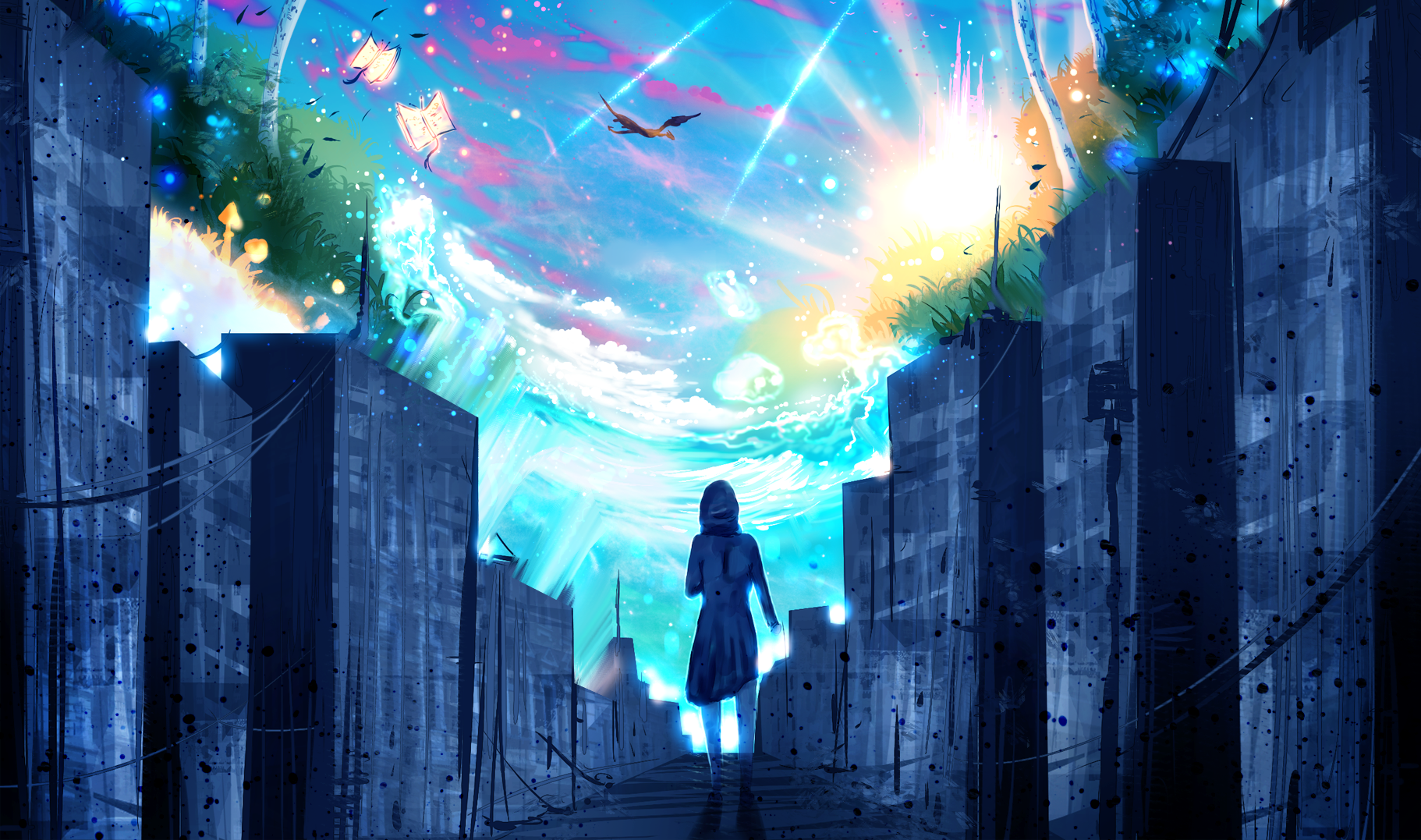 Girl walking towards a surreal sky in a cityscape HD Wallpaper