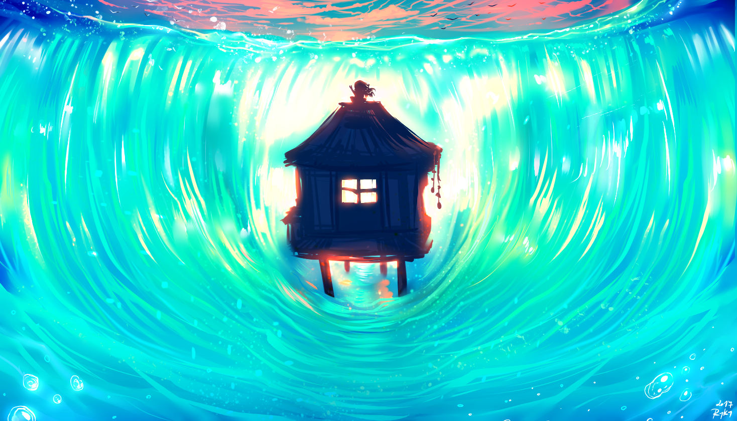 Digital painting of a house inside a wave HD Wallpaper