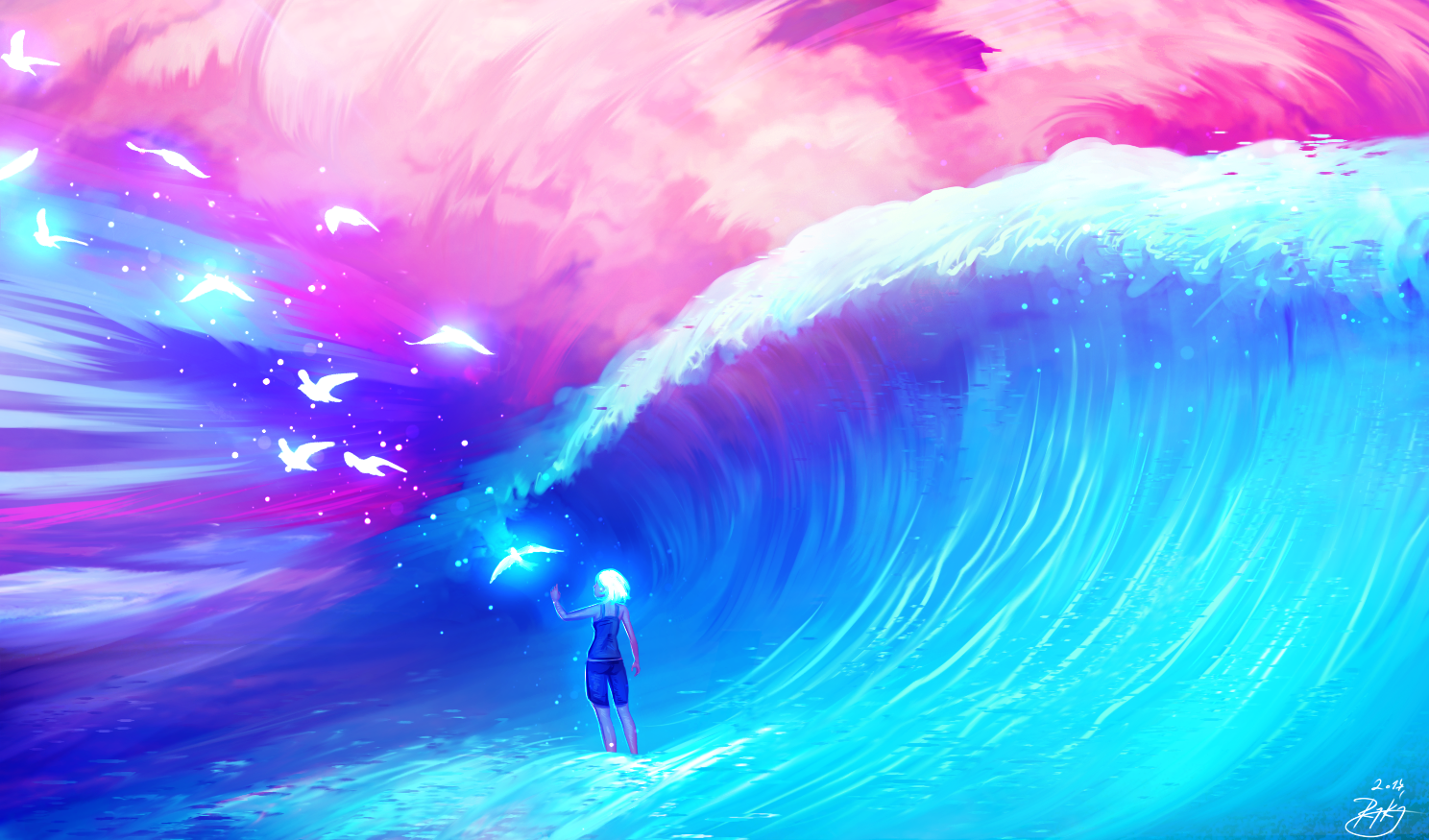 Girl with glowing birds in a wave HD Wallpaper