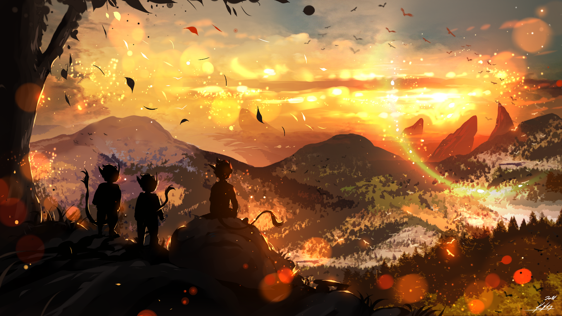Fantasy creatures watching a sunset over mountains HD Wallpaper