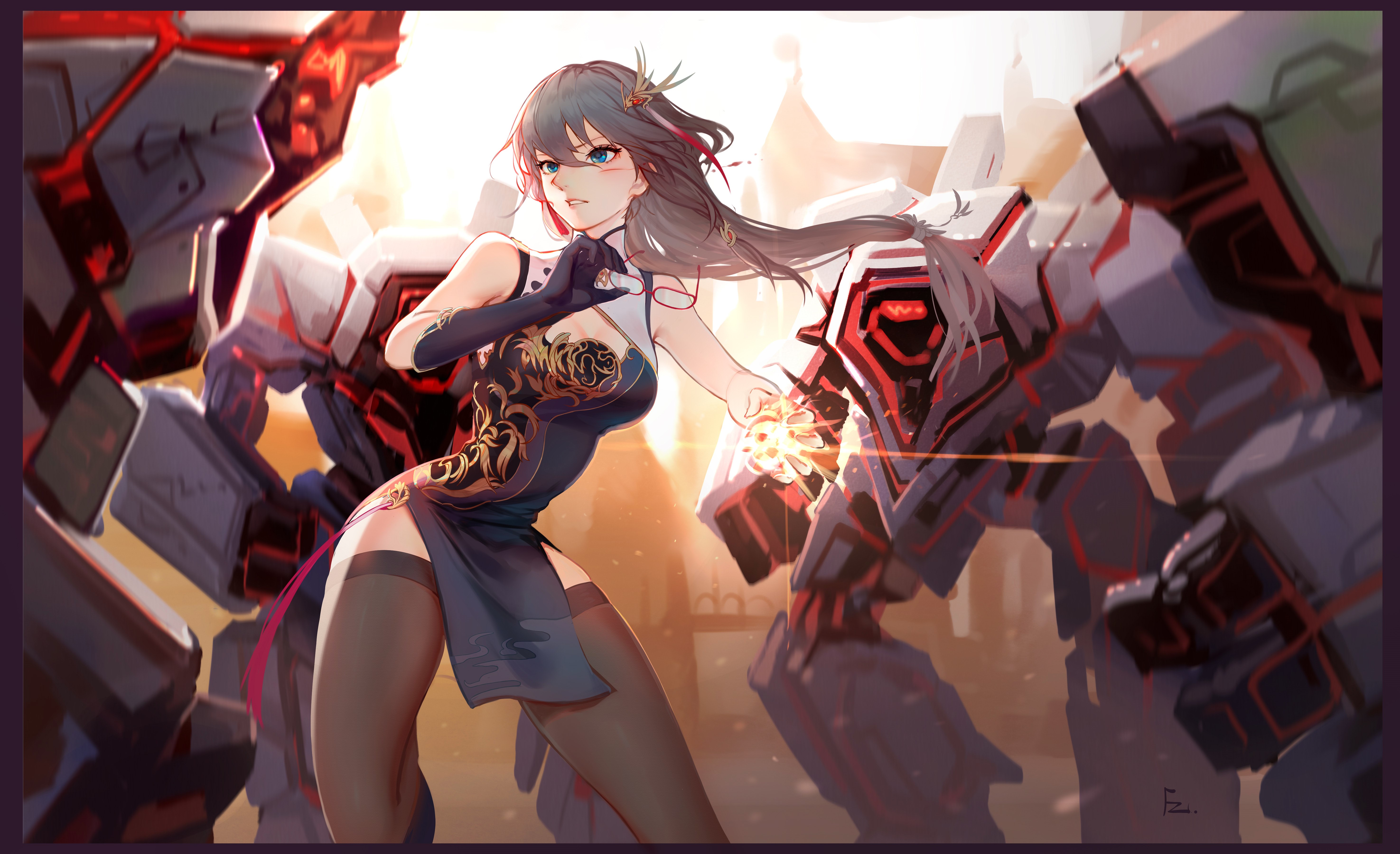 Anime girl in Cheongsam fighting robots from Honkai Impact HD Wallpaper