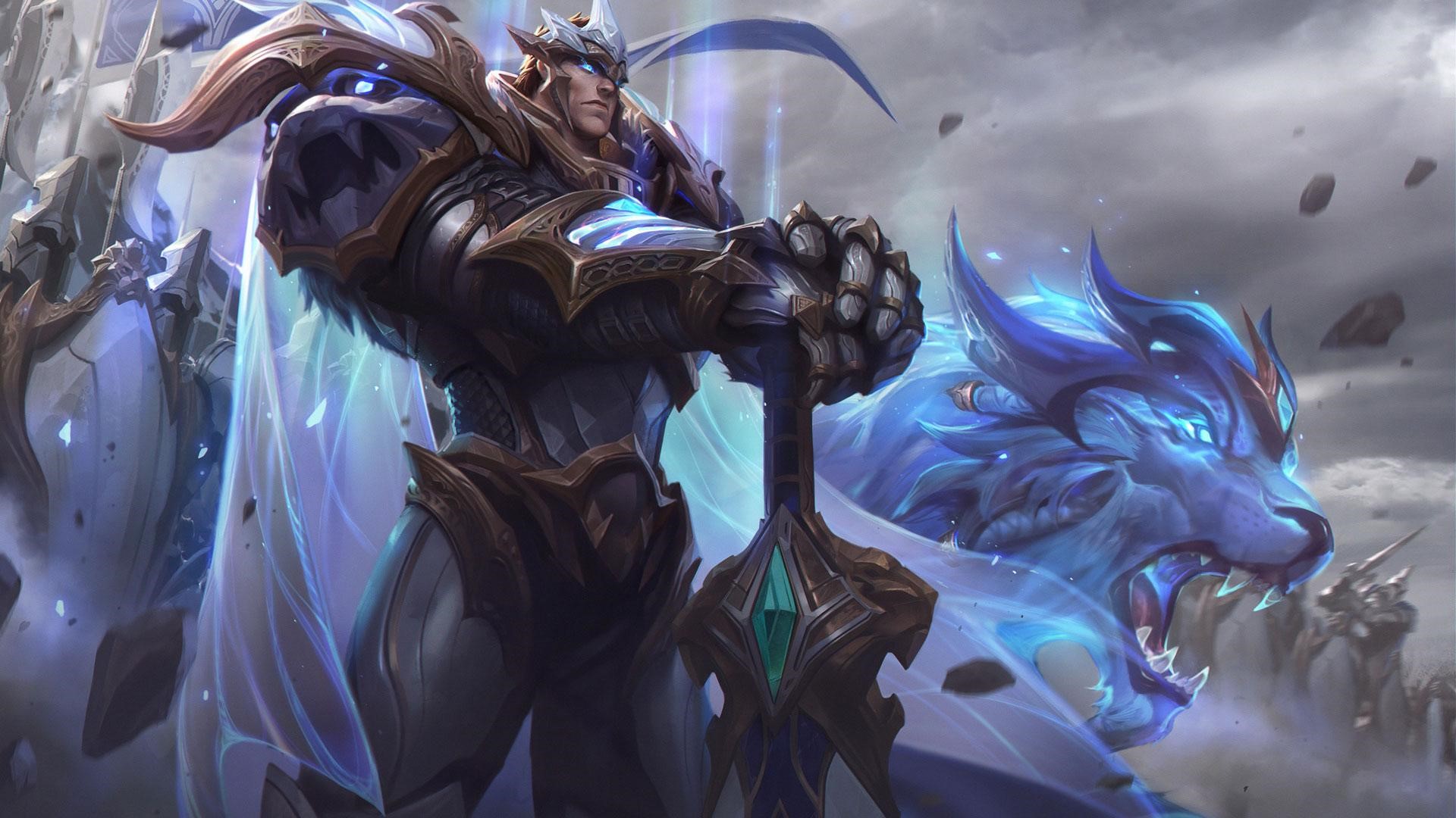 Garen from League of Legends with a wolf companion HD Wallpaper