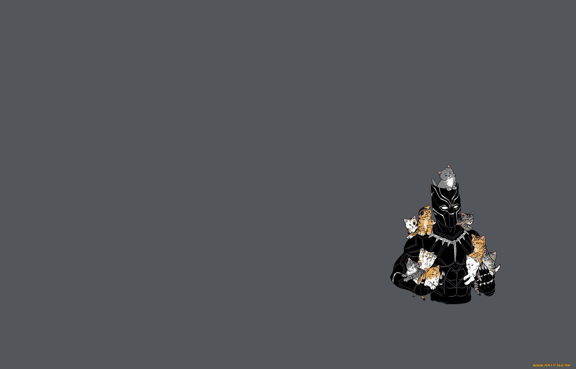 Black Panther with kittens on a gray background HD Wallpaper