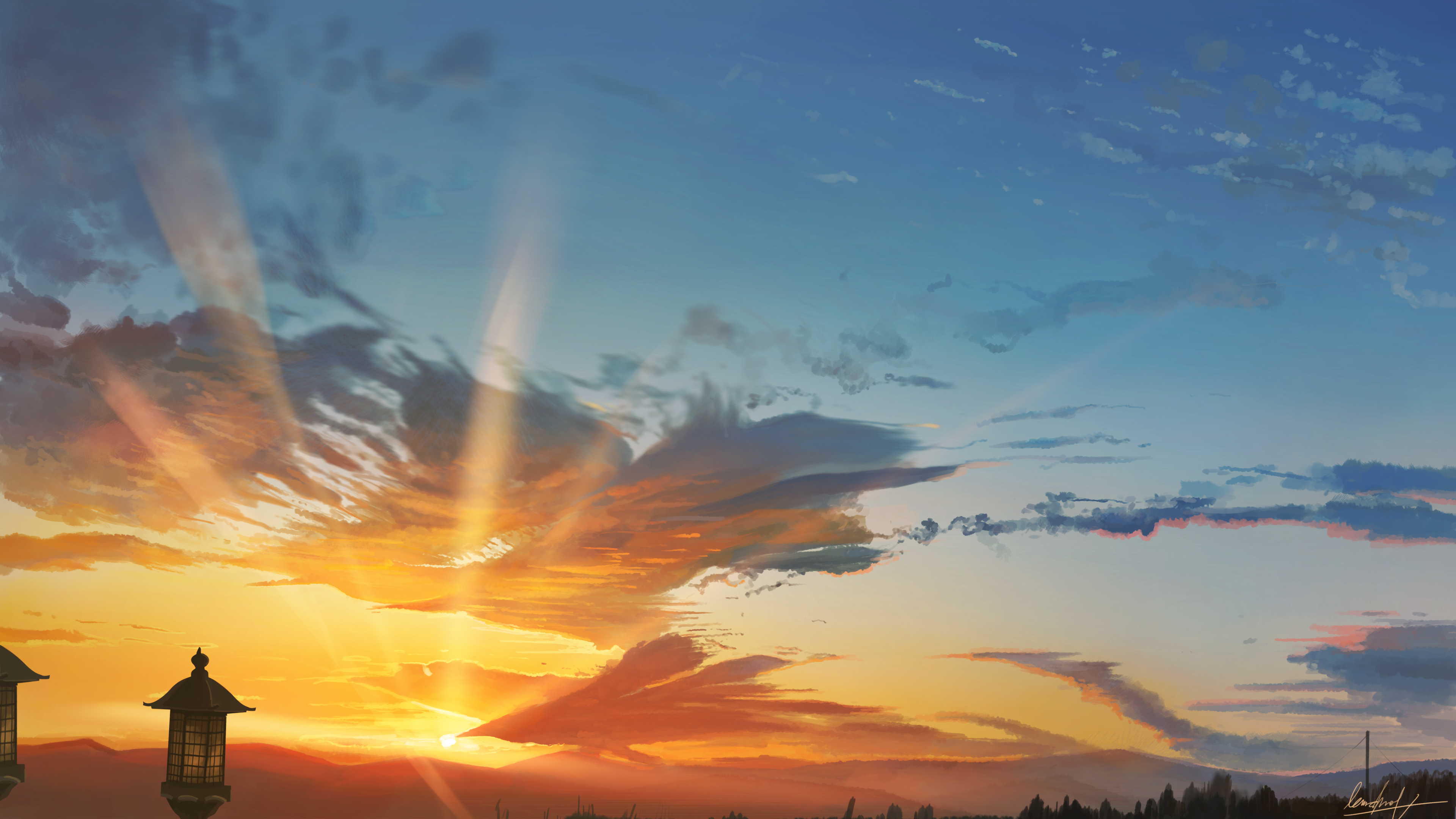 Anime Sunset with Sunbeams and Clouds HD Wallpaper
