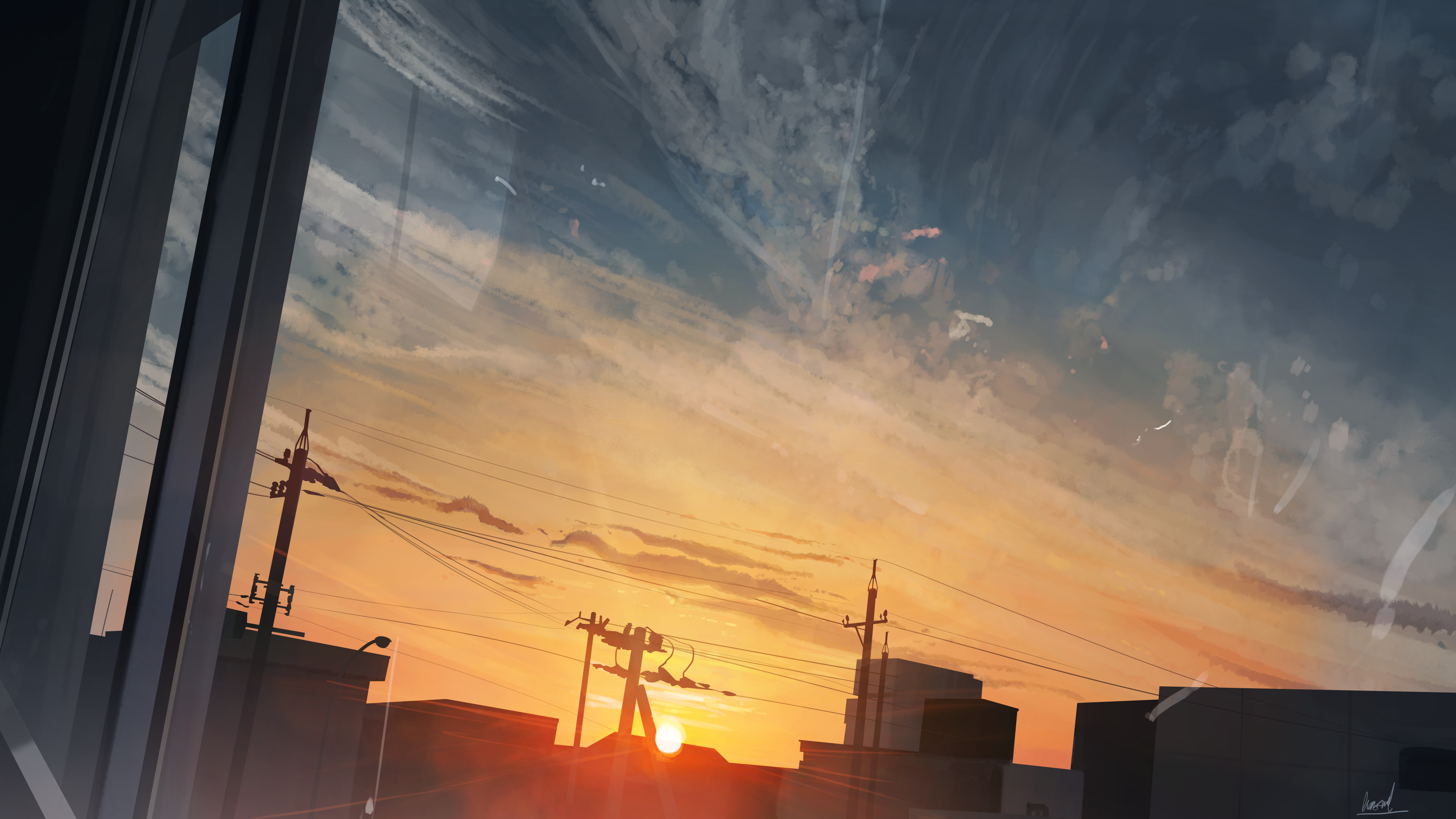 Anime city sunset viewed through a window HD Wallpaper