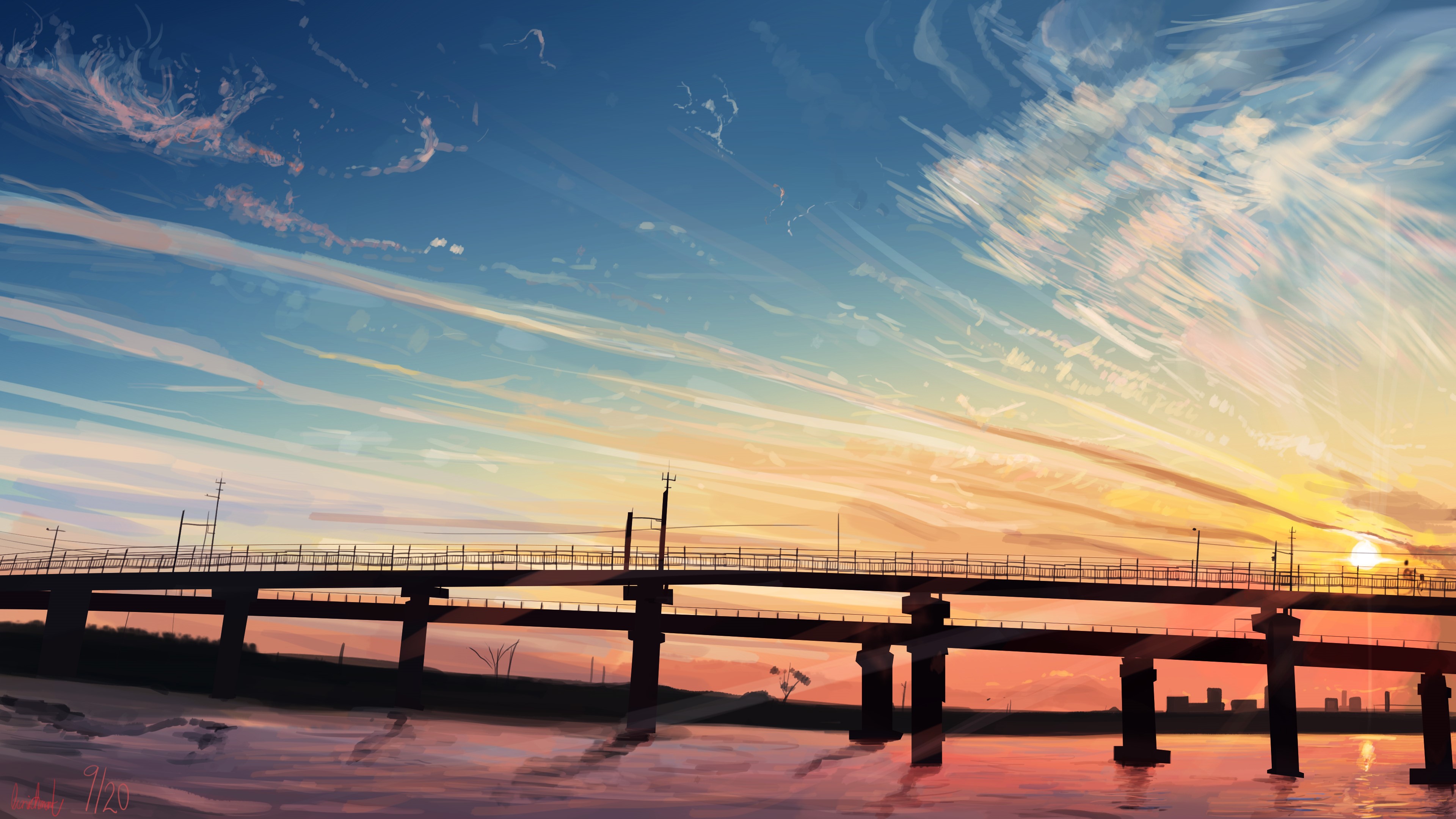 Anime bridge at sunset with colorful clouds HD Wallpaper