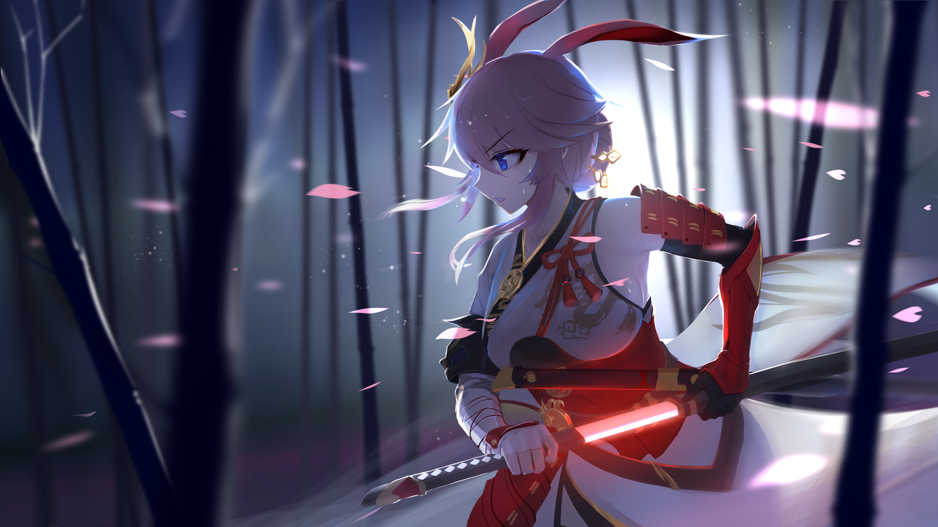 Yae Sakura from Honkai Impact with a glowing sword HD Wallpaper